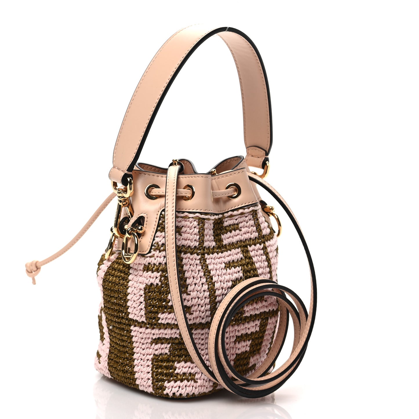 Raffia Vitello King F is Fendi FF Crochet Mini Mon Tresor Bucket Bag Natural Light Rose