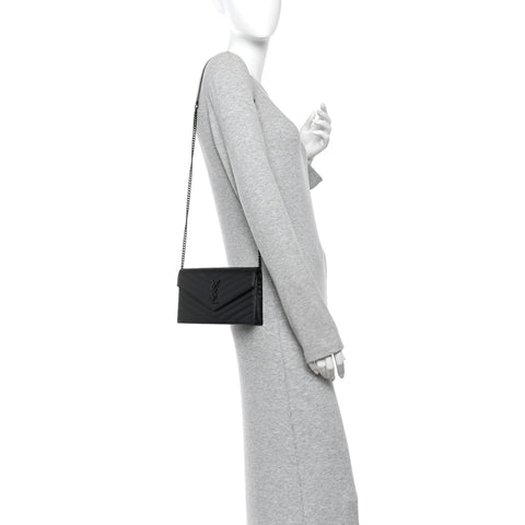 Grain De Poudre Matelasse Chevron Monogram Monochrome Envelope Chain Wallet Black
