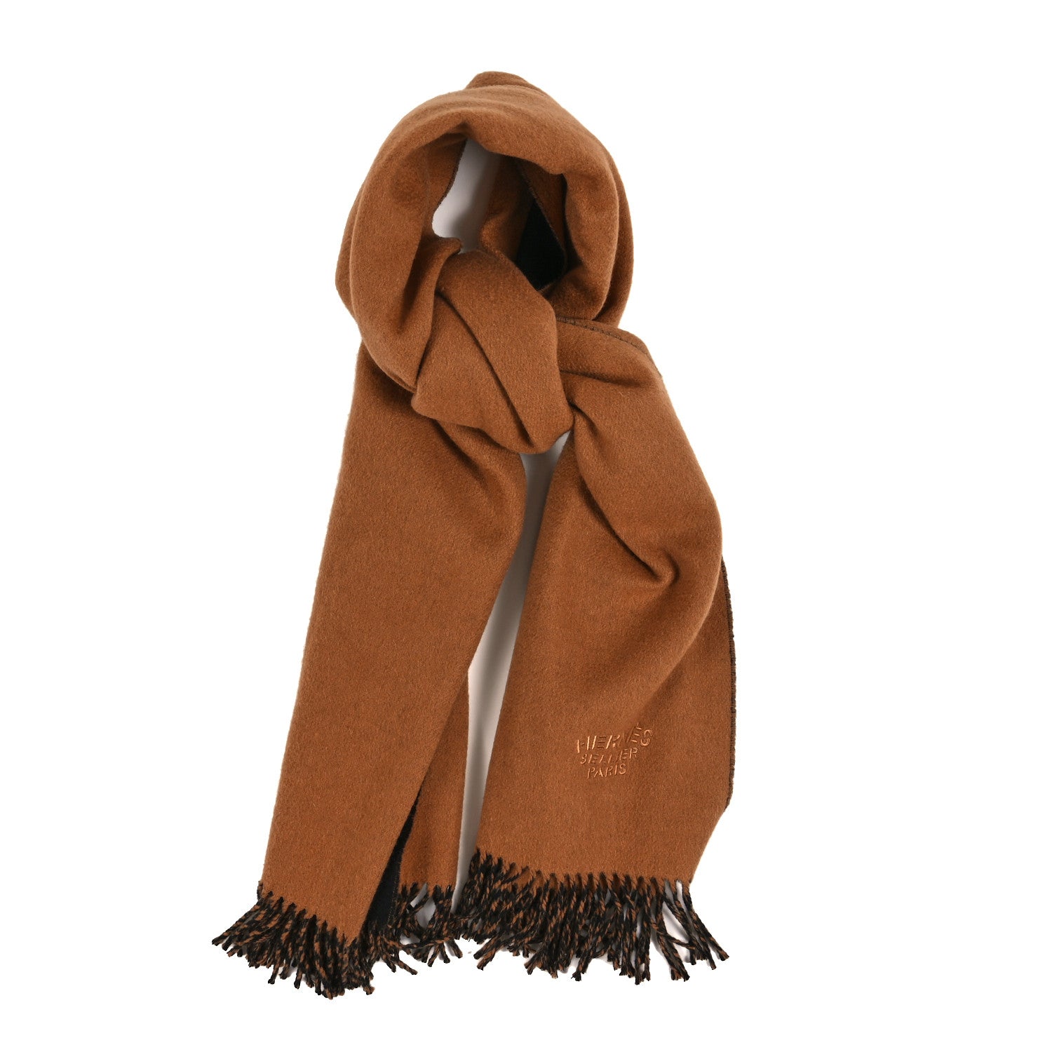 HERMES cashmere Fringe double-faced stole Scarf Cacao x Marine