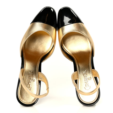 Lambskin Patent Cap Toe CC Apple Slingback Pumps 37 Gold Black