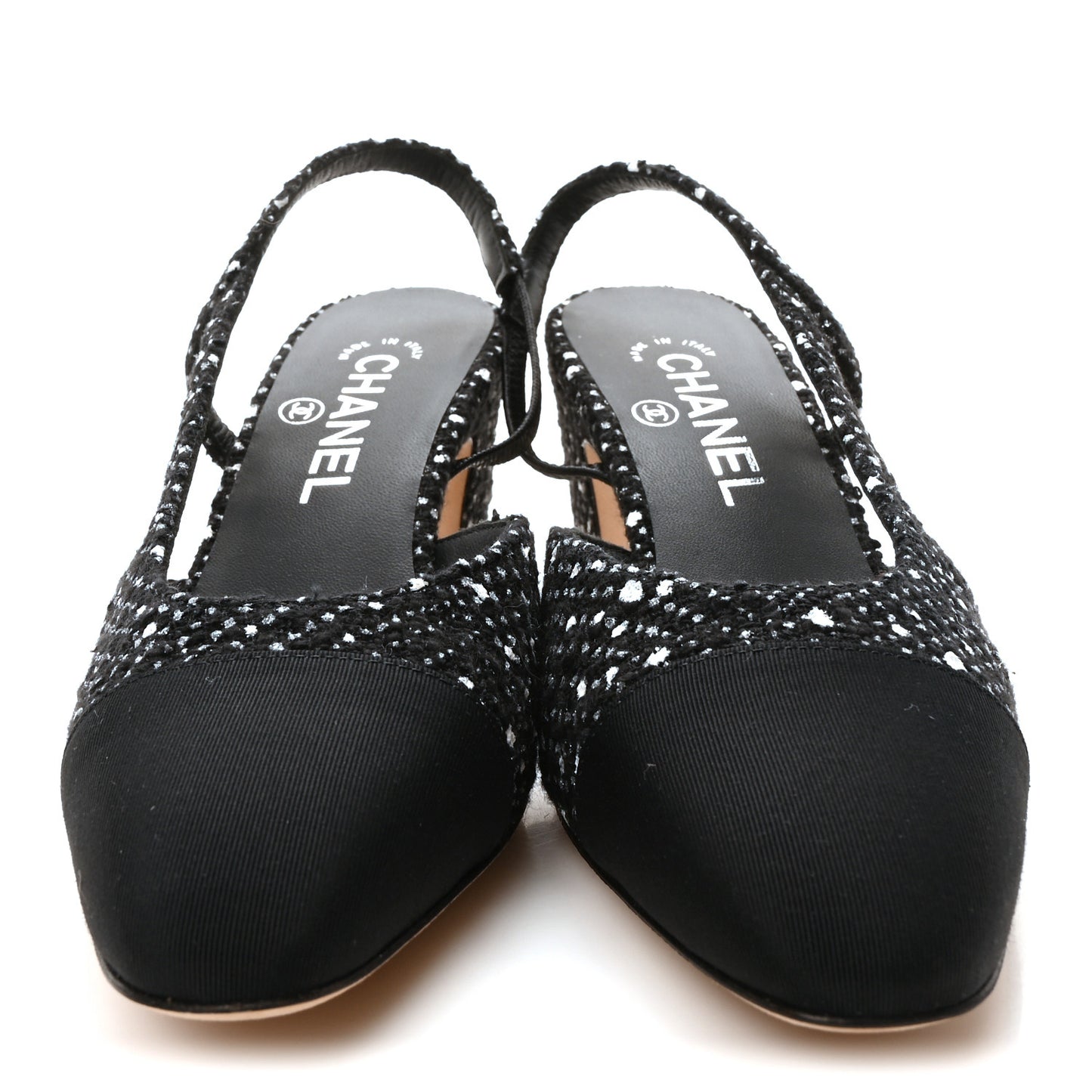Tweed Grosgrain Cap Toe CC Slingback Pumps 37 Black White