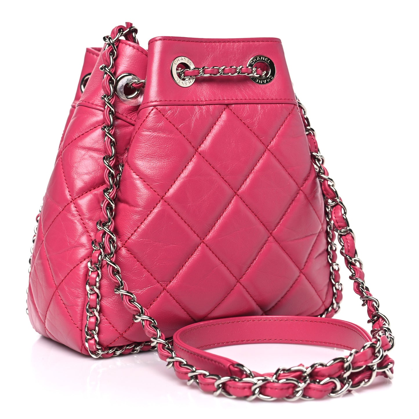 Crumpled Calfskin Quilted Chain All Over Drawstring Bucket Bag Pink