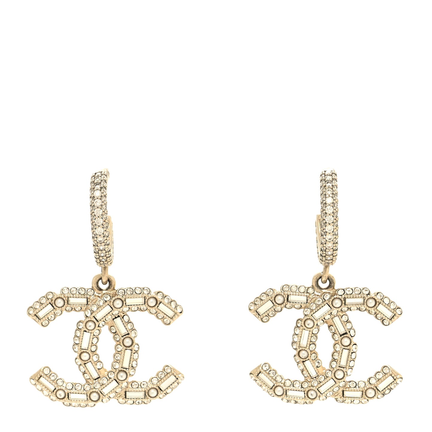 Crystal Baguette Pearl CC Drop Hoop Earrings Gold Pearly White