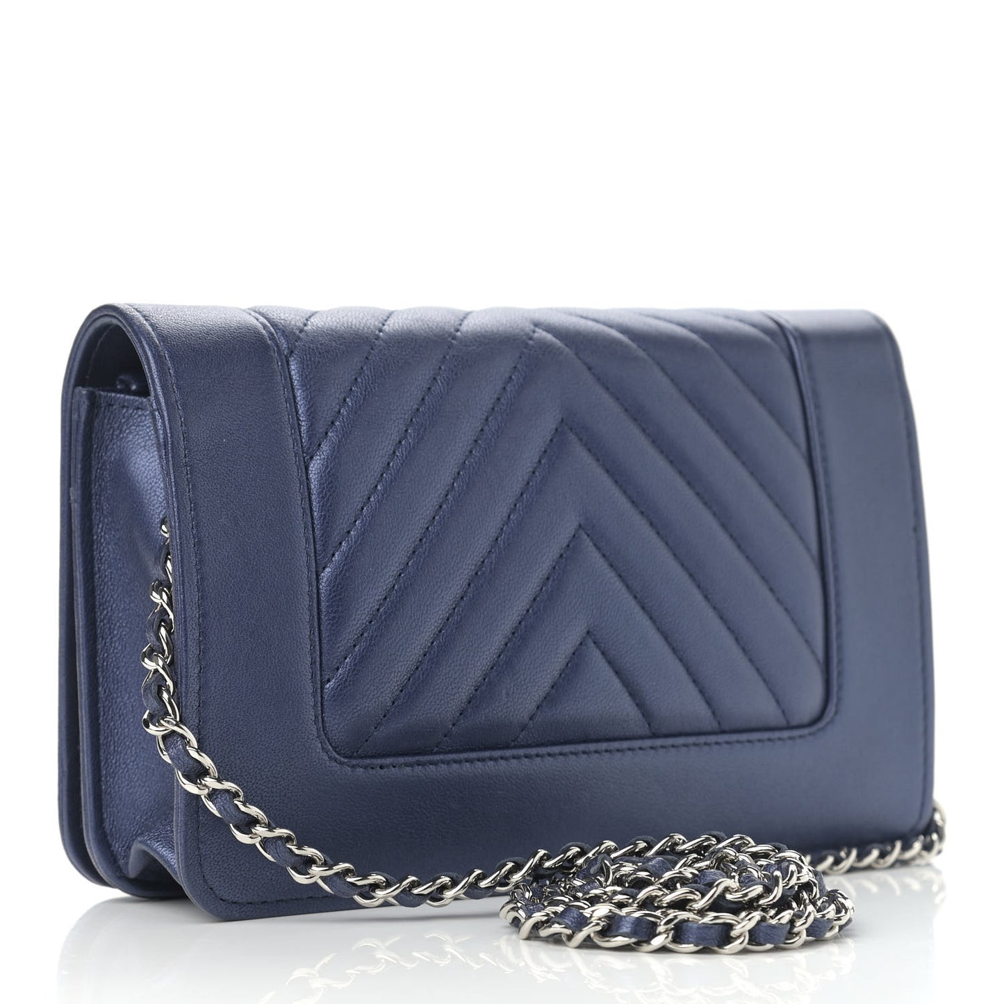 Metallic Sheepskin Chevron Quilted Vintage Mademoiselle Wallet On Chain WOC Navy