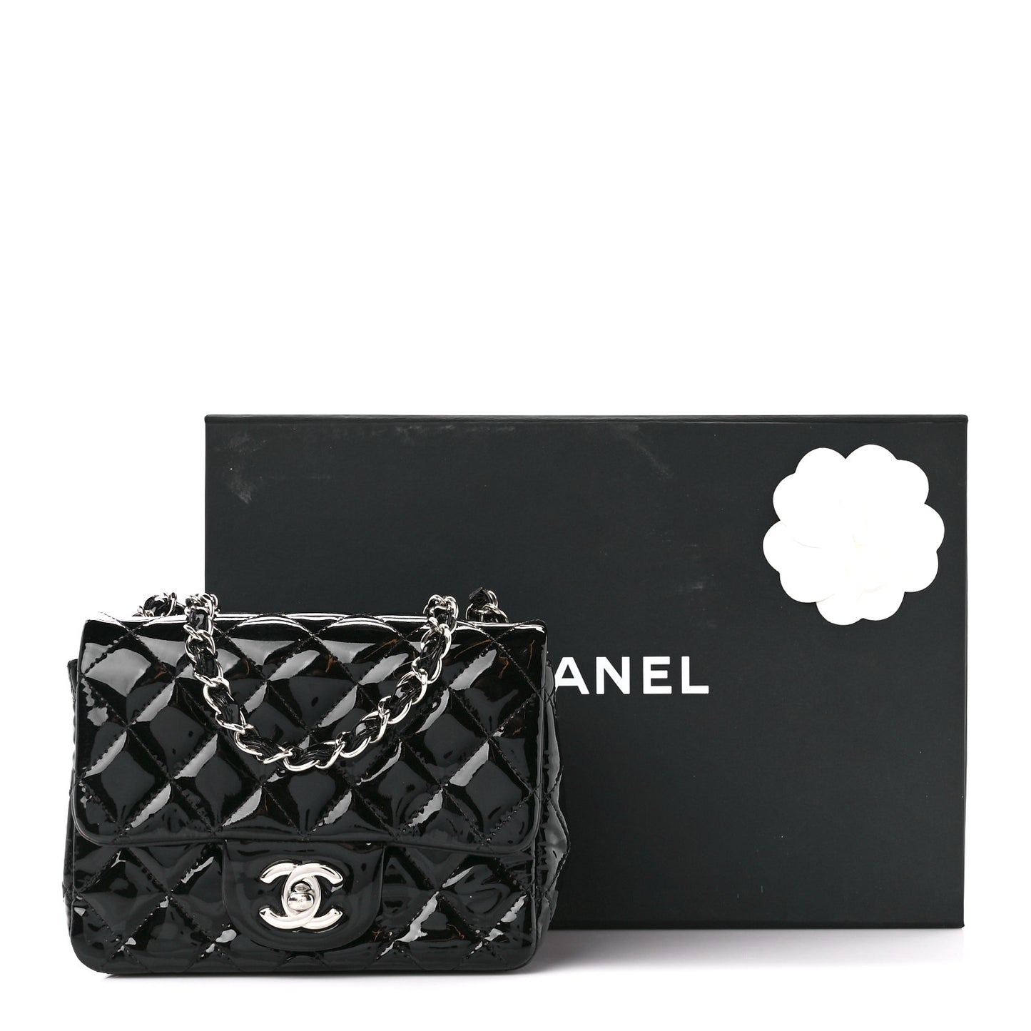 Patent Calfskin Quilted Mini Square Flap Black