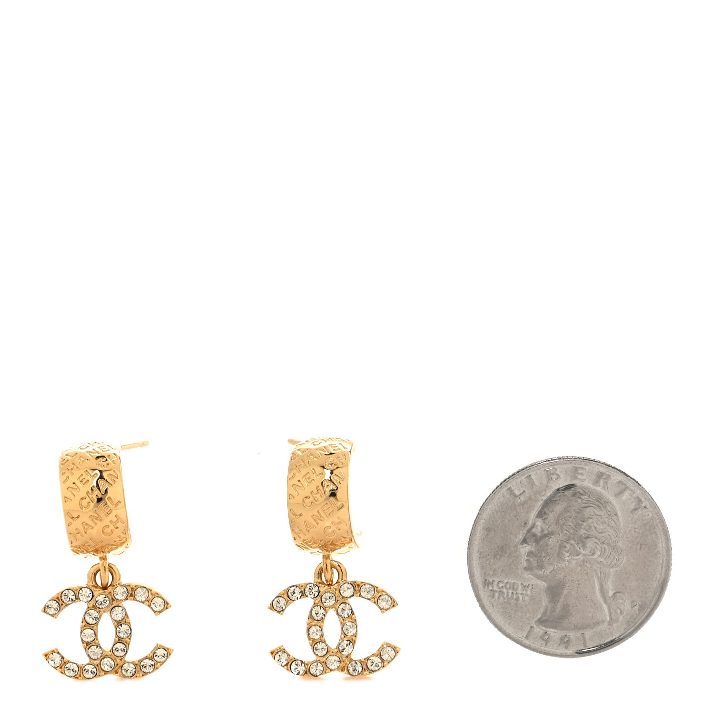 Metal Crystal CC Logo Hoop Drop Earrings Gold