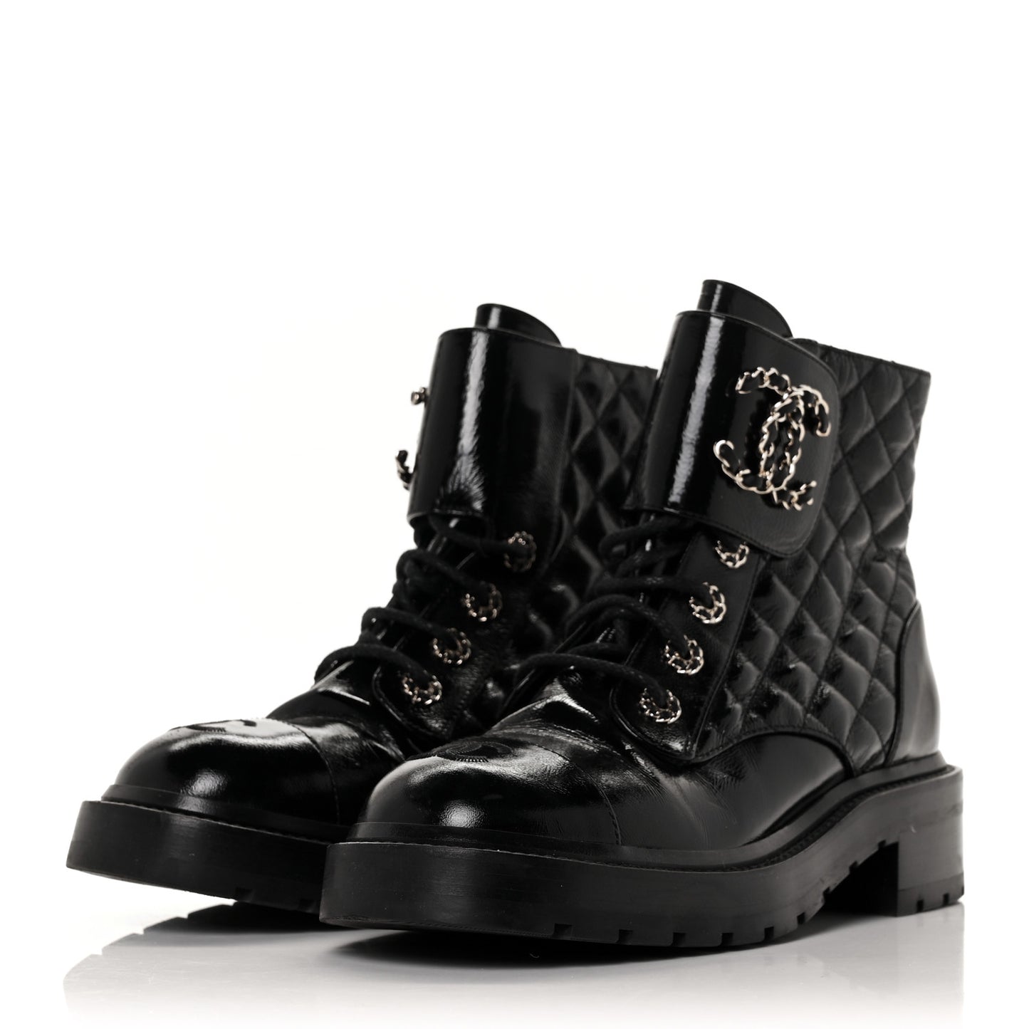 Shiny Calfskin Quilted Lace Up Combat Boots 38 Black