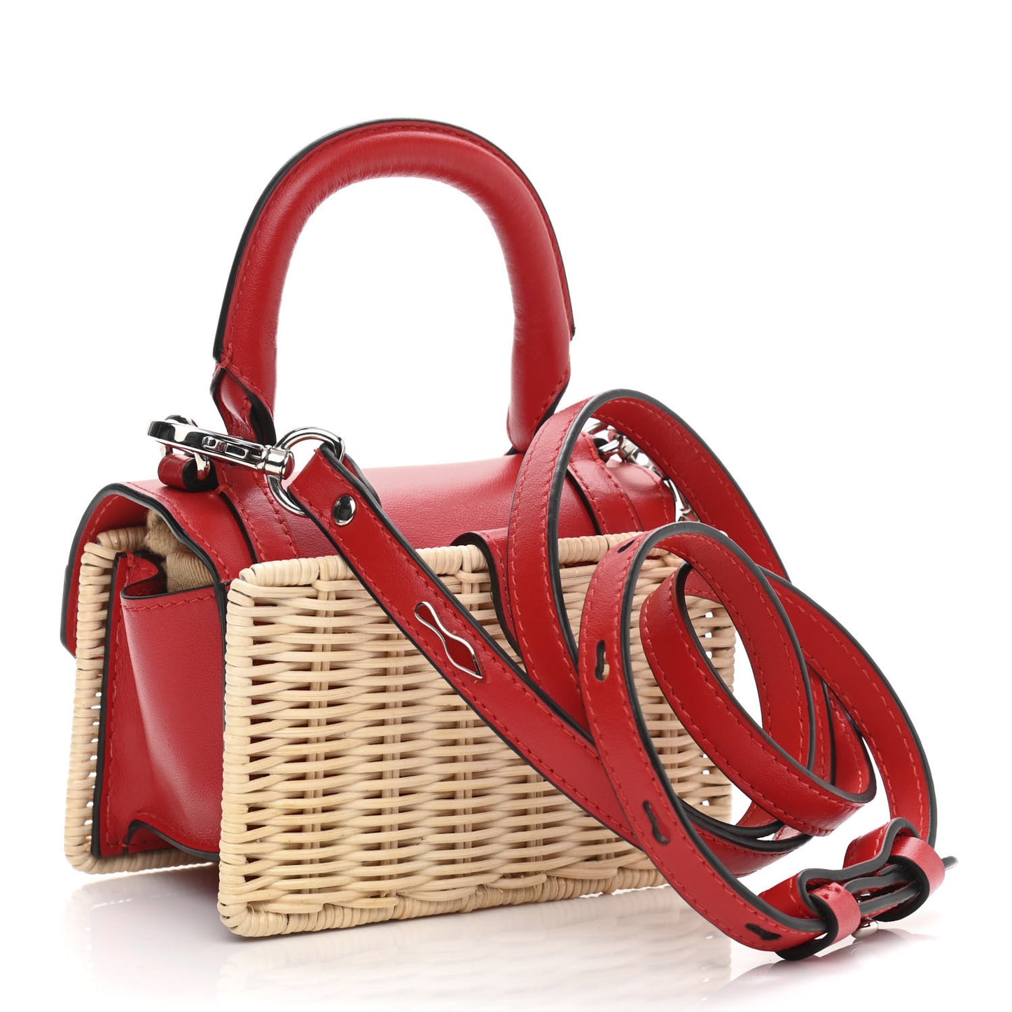 Rattan Woven Calfskin Elisa Nano Top Handle Bag Red