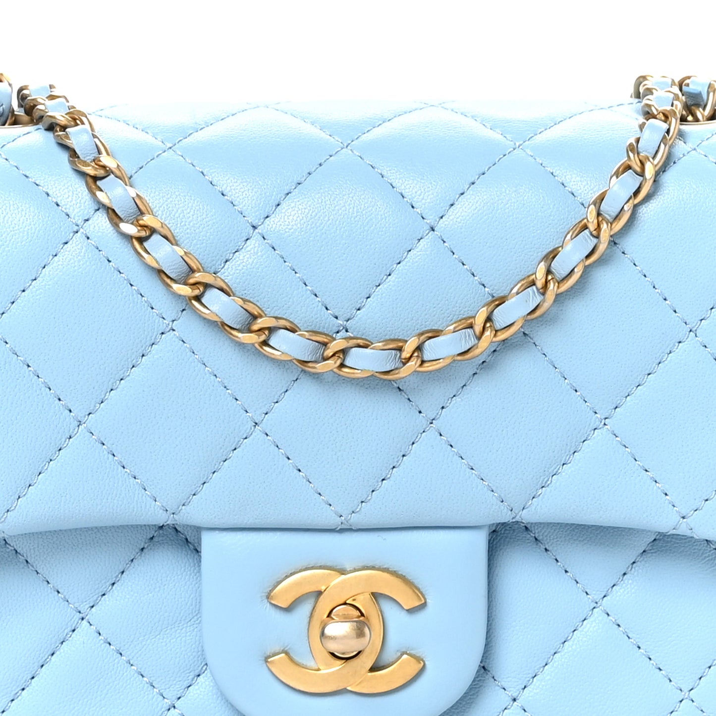Lambskin Quilted Mini Pearl Crush Flap Light Blue