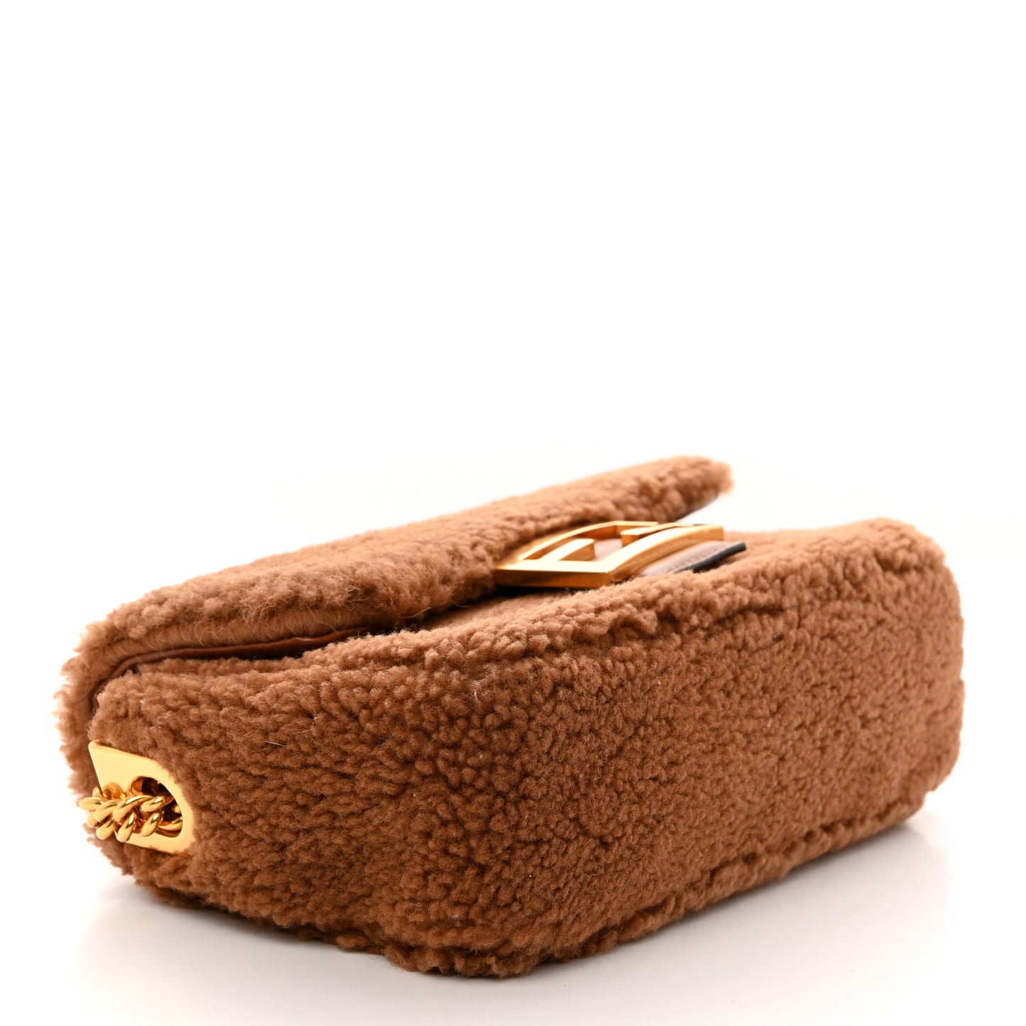Shearling Lambskin Midi Chain Baguette Caramello