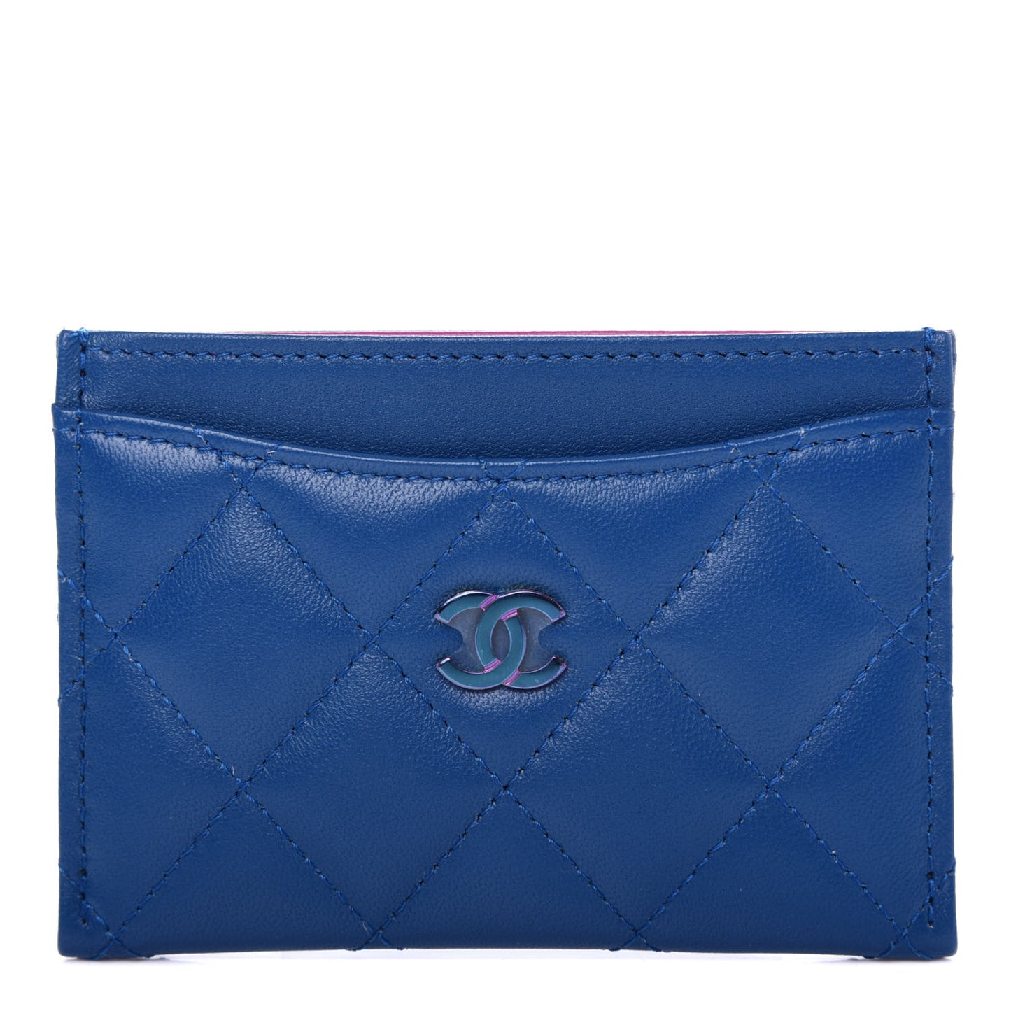 Lambskin Quilted Card Holder Blue Pink