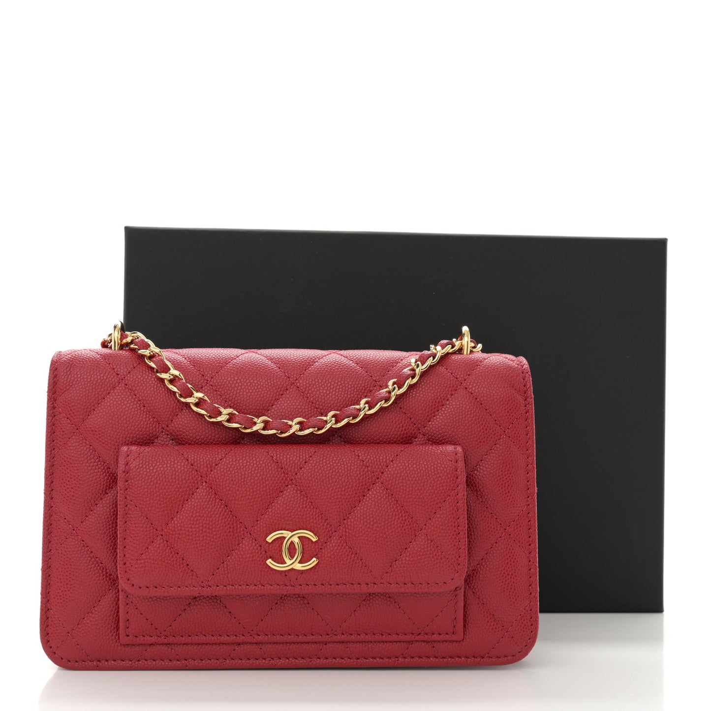 Caviar Quilted Pocket Clutch With Chain WOC Red