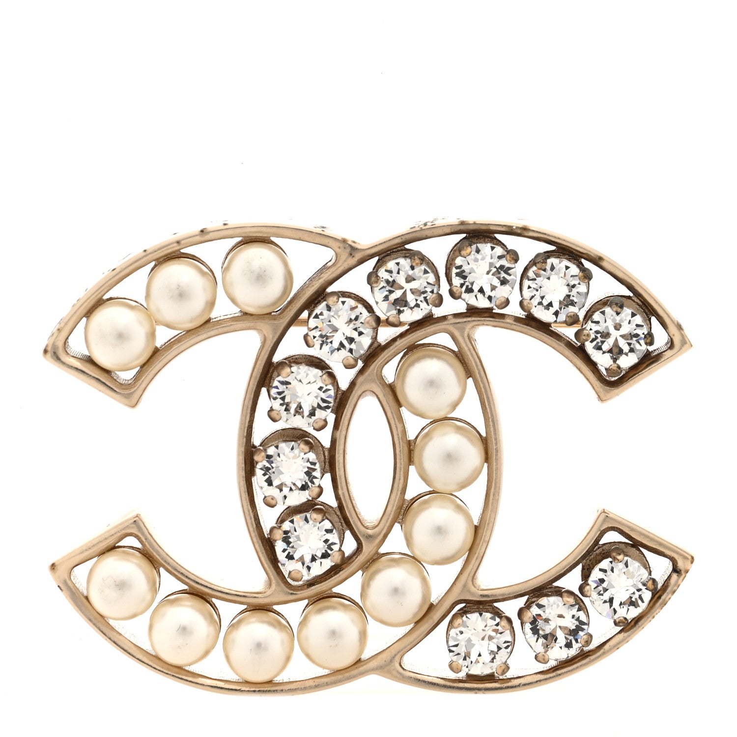 Chanel Pearl Crystal CC Brooch Gold Pearly White 1 of 3