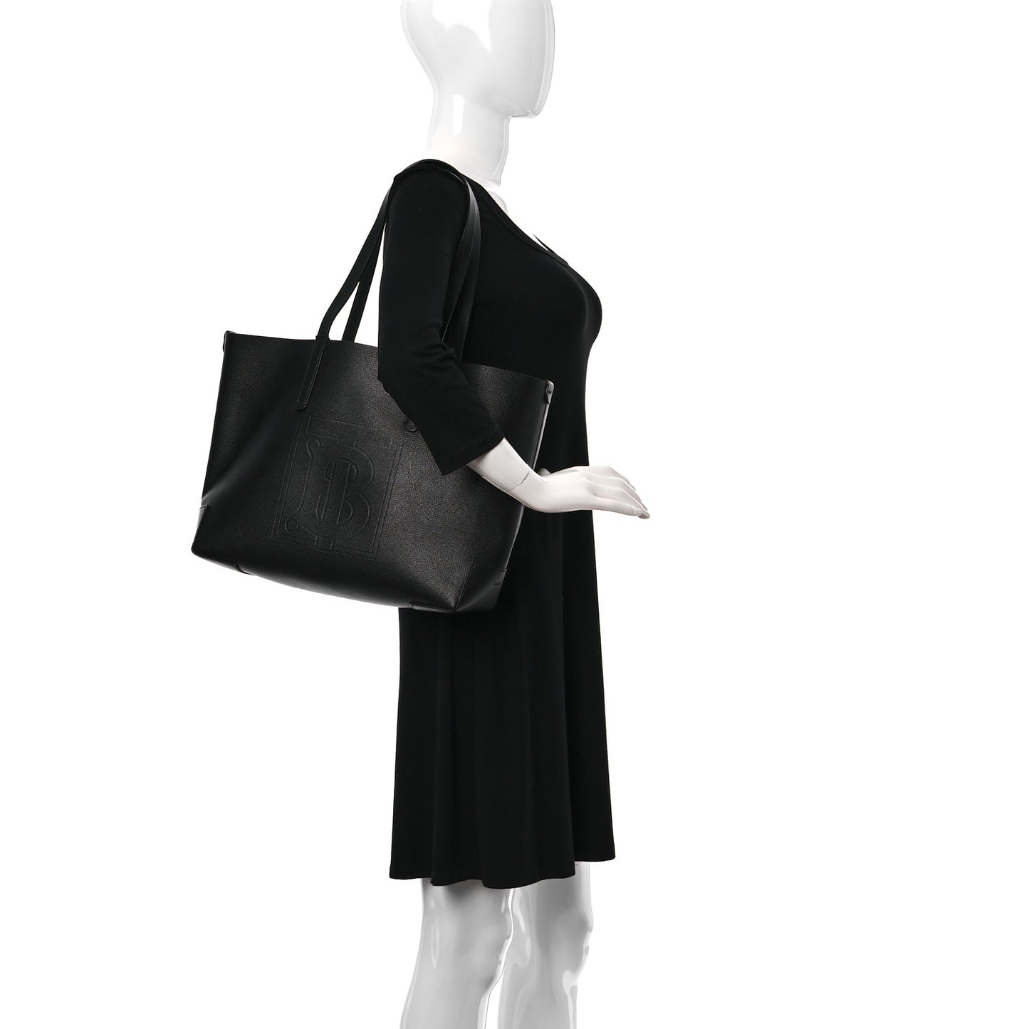 Calfskin TB Motif Embossed Medium Tote Black