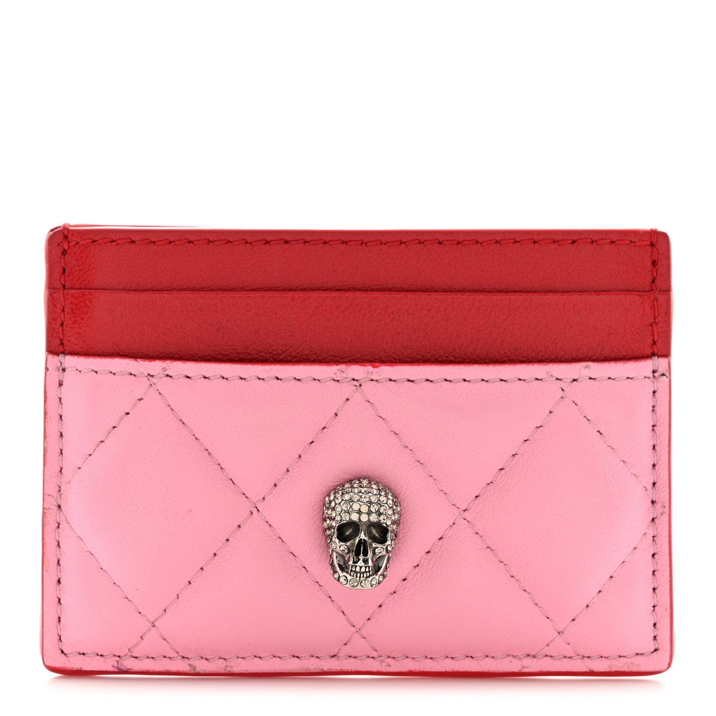 Lambskin Quilted Skull Card Holder Pastel Pink