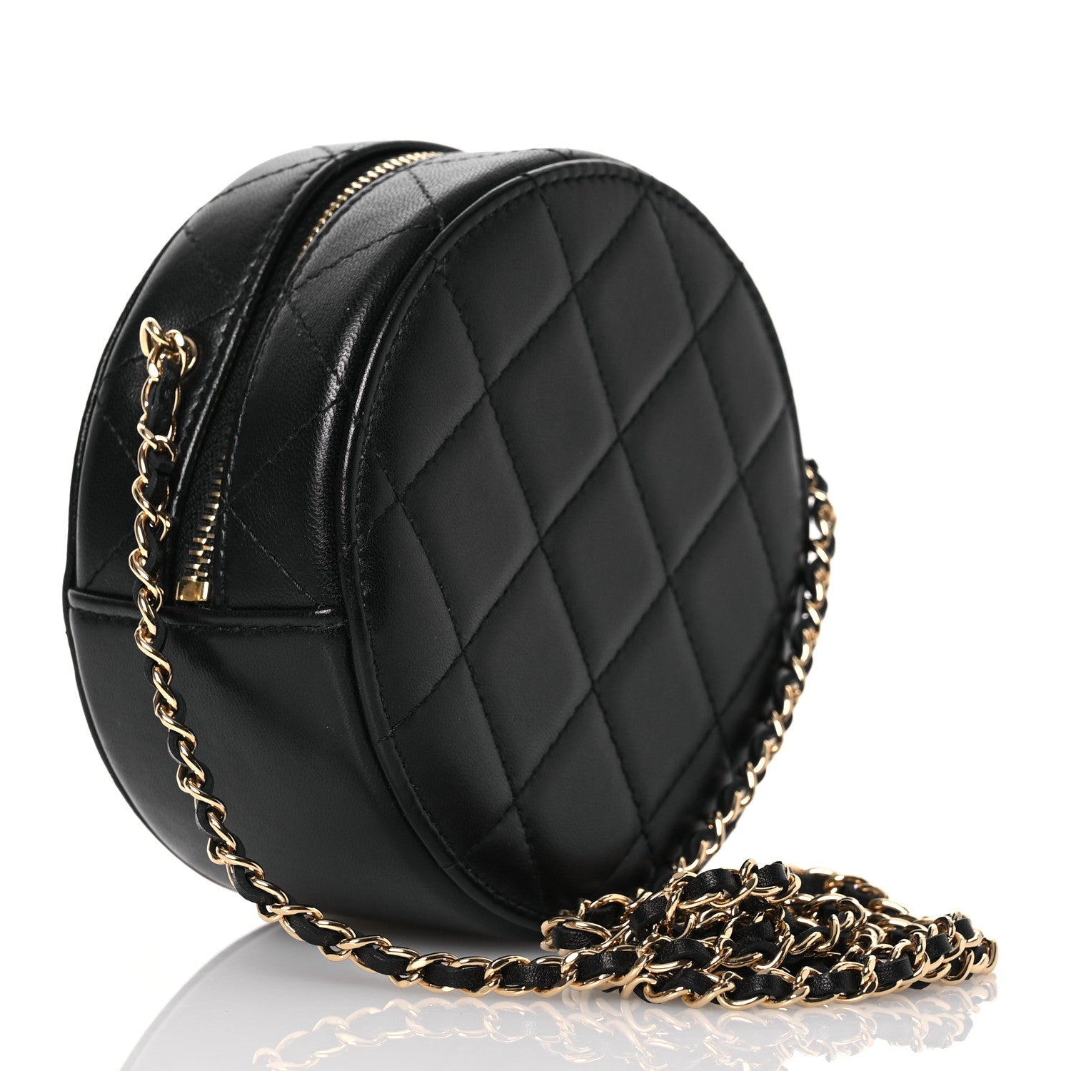 Chanel Lambskin Quilted Golden Plate Round Clutch With Chain Black 3 of 11