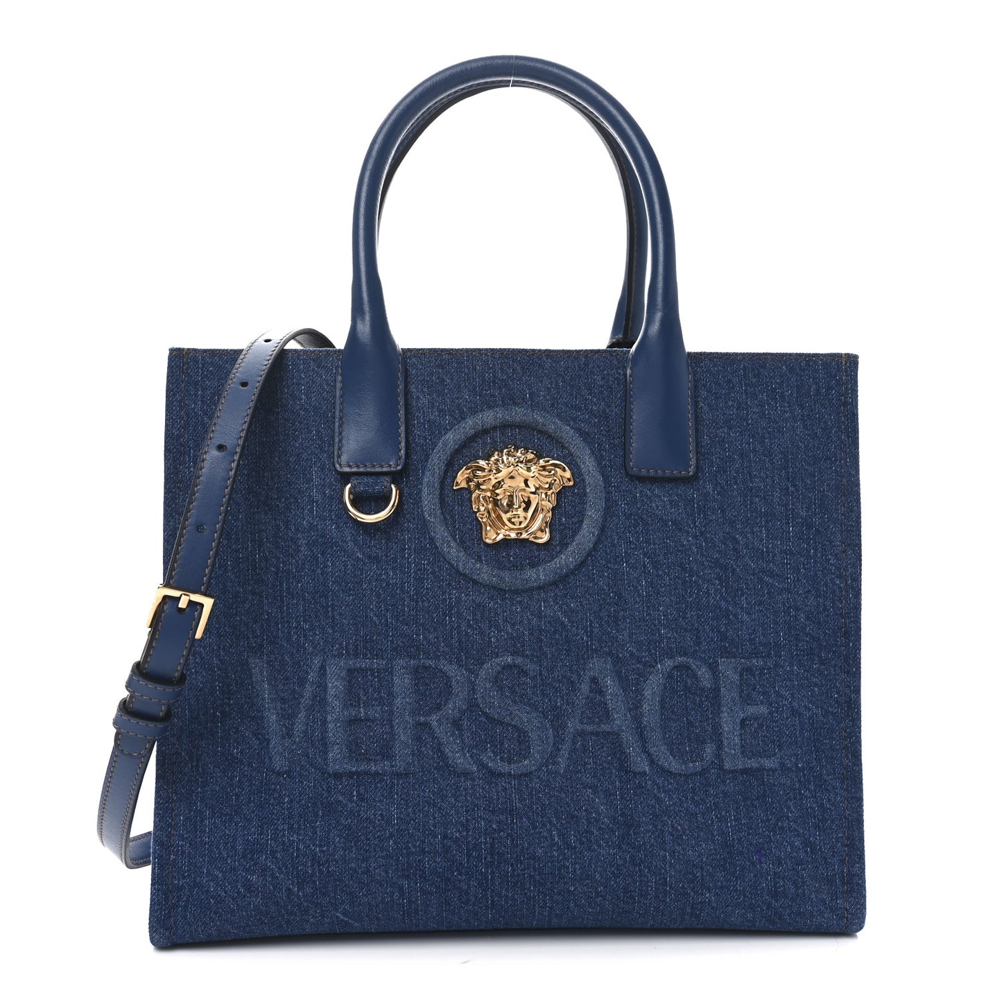 Denim Calfskin La Medusa Small Tote Bag Blue