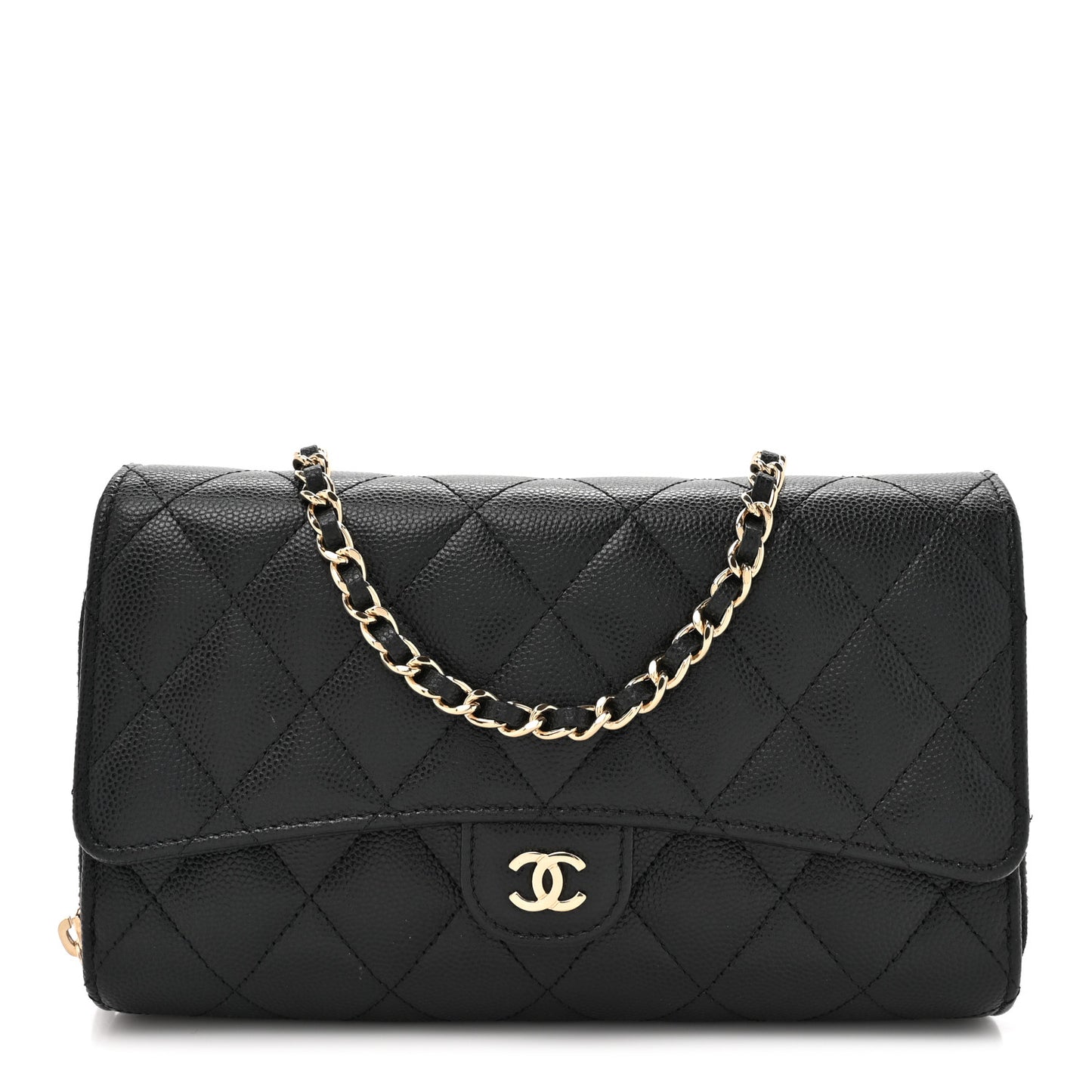 Caviar Quilted Phone Holder Wallet on Removable Chain Black