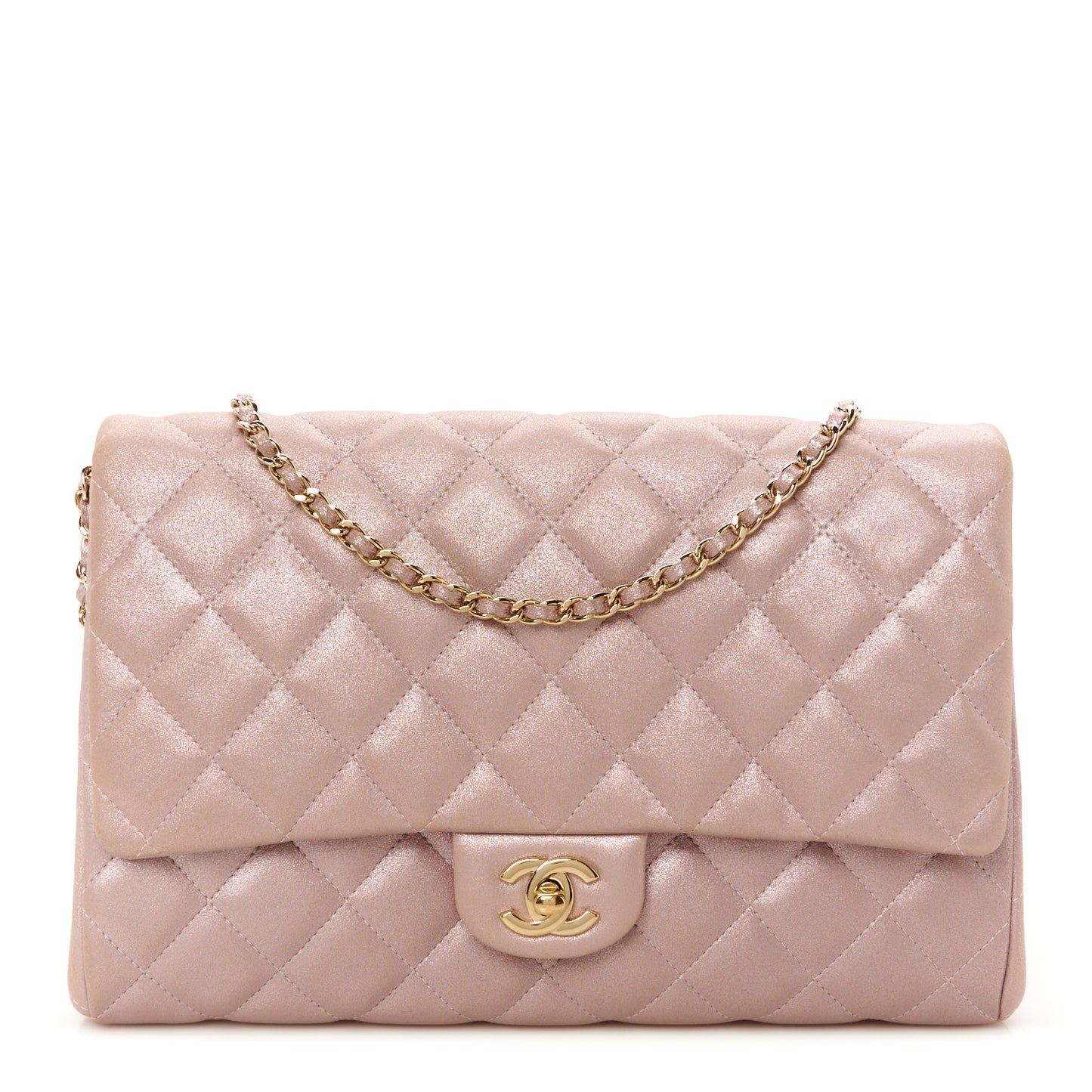 Iridescent Calfskin Quilted Clutch With Chain Flap Pink