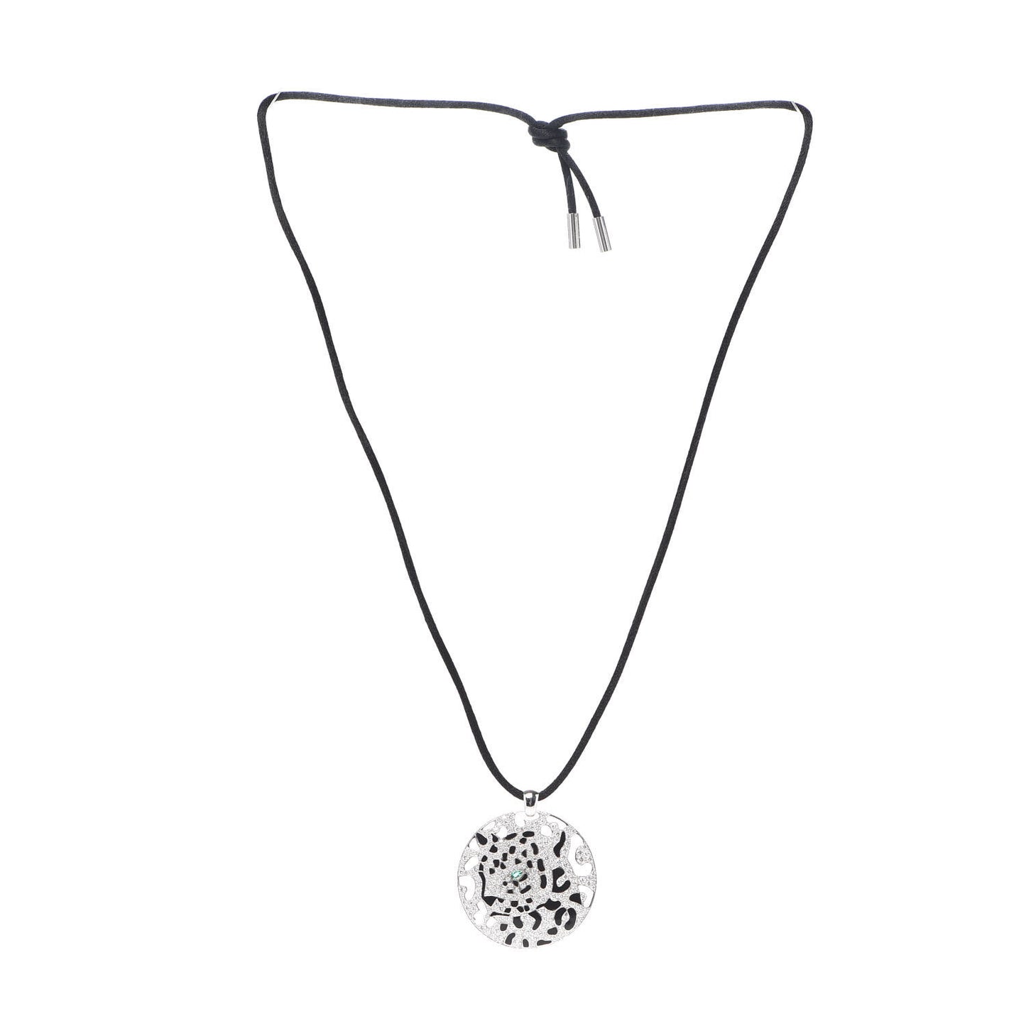 18K White Gold Diamond Onyx Emerald Panthere De Cartier Medallion Pendant Cord Necklace