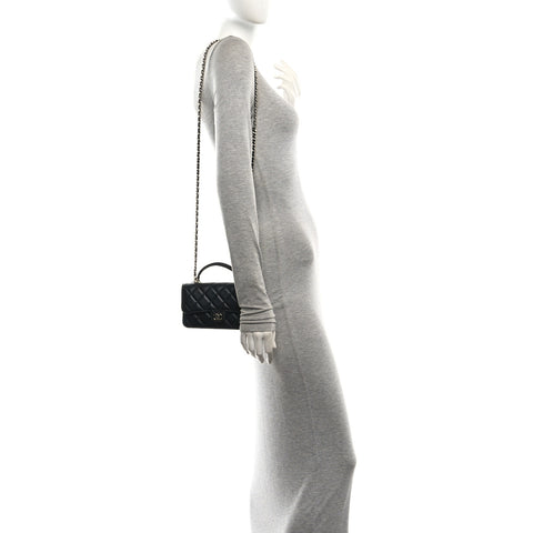 Lambskin Quilted Flap Phone Holder With Chain Black