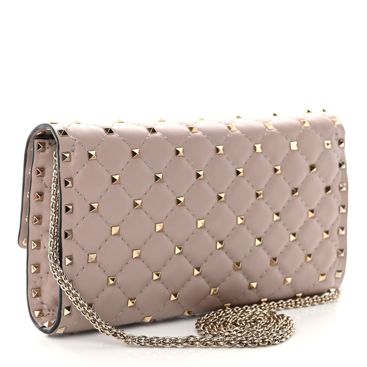 Lambskin Rockstud Spike Wallet on Chain Poudre