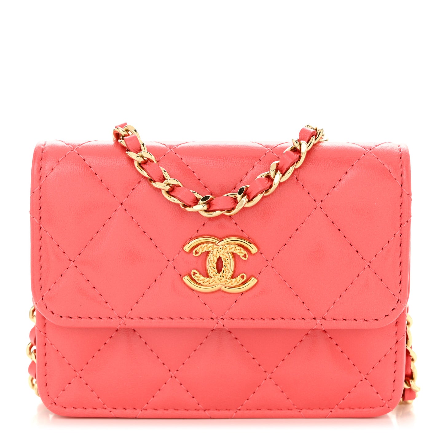 Shiny Lambskin Quilted Card Holder On Chain Pink