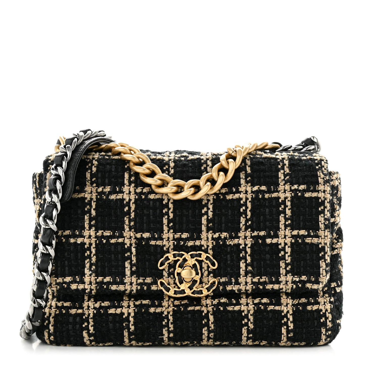Tweed Quilted Medium Chanel 19 Flap Black Beige