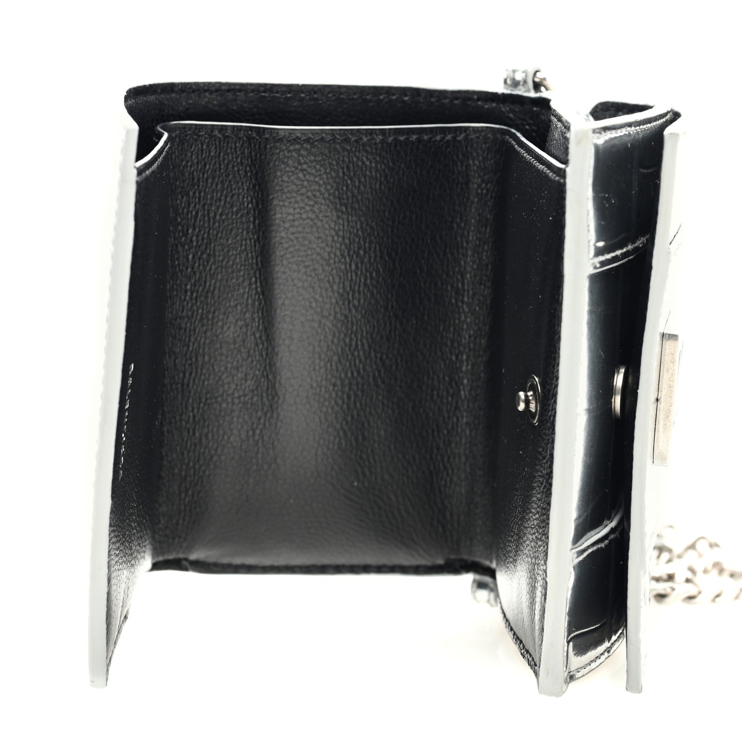 Metallic Calfskin Crocodile Embossed Mini Hourglass Wallet on Chain Silver