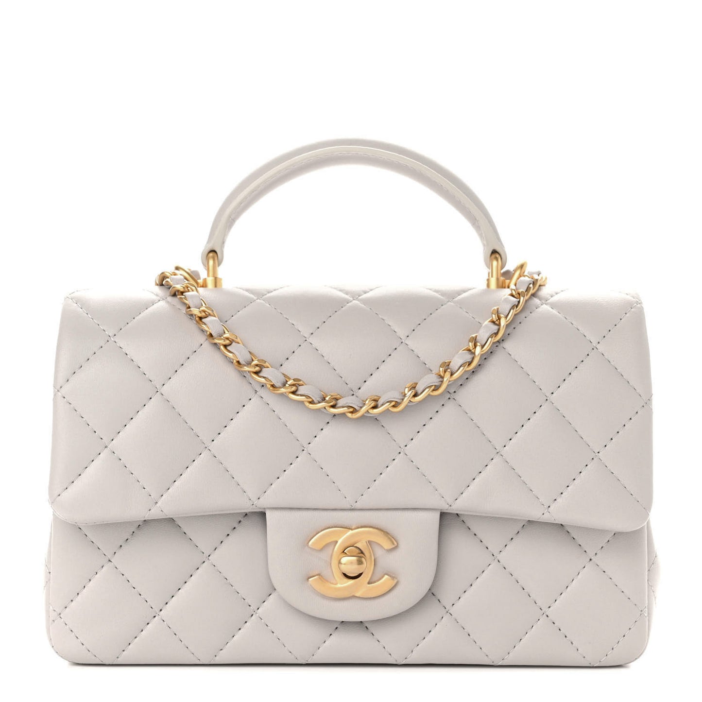 Lambskin Quilted Mini Top Handle Rectangular Flap Grey