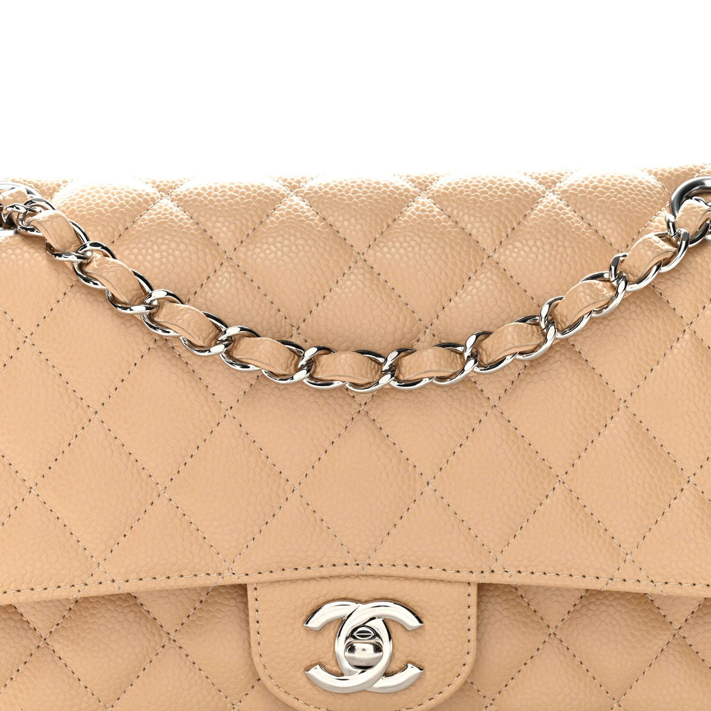 Caviar Quilted Medium Double Flap Beige