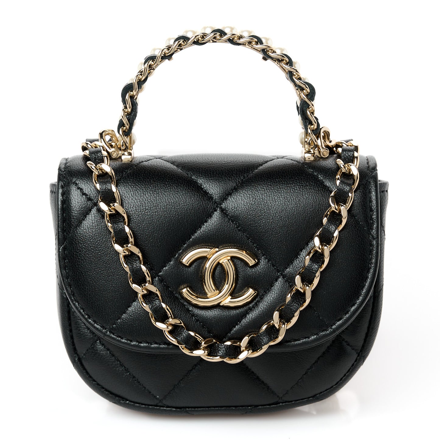 Lambskin Quilted Pearl Top Handle Clutch With Chain Black