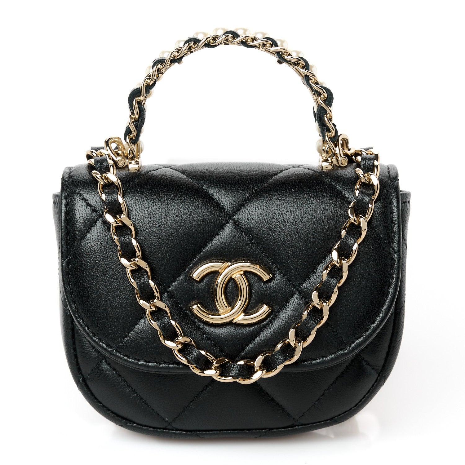 Chanel Lambskin Quilted Pearl Top Handle Clutch With Chain Black 1 of 12