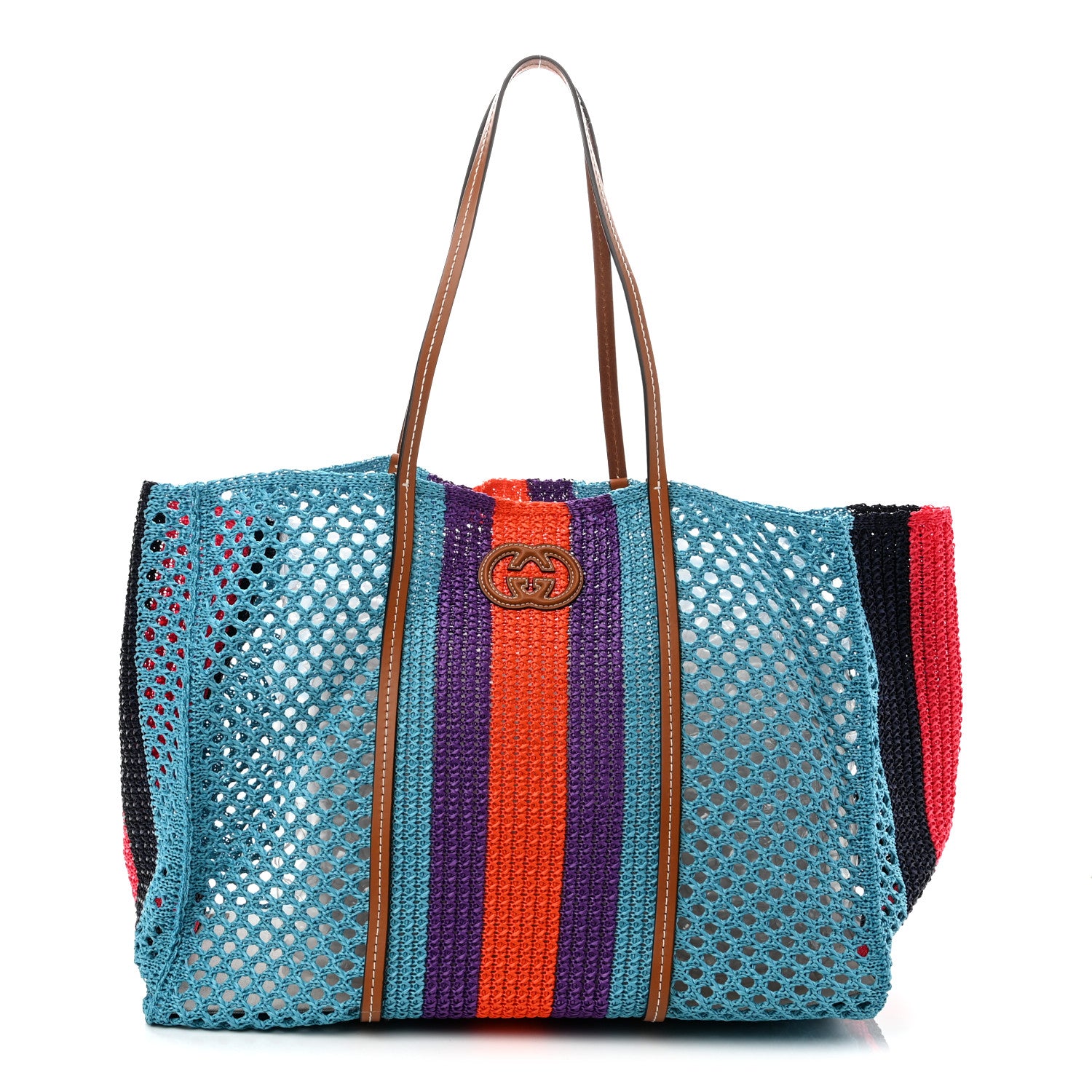 GUCCI GG柄 ノベルティメッシュバッグ Gucci Raffia Web Woven Interlocking G Tote Blue Multicolor 1921251