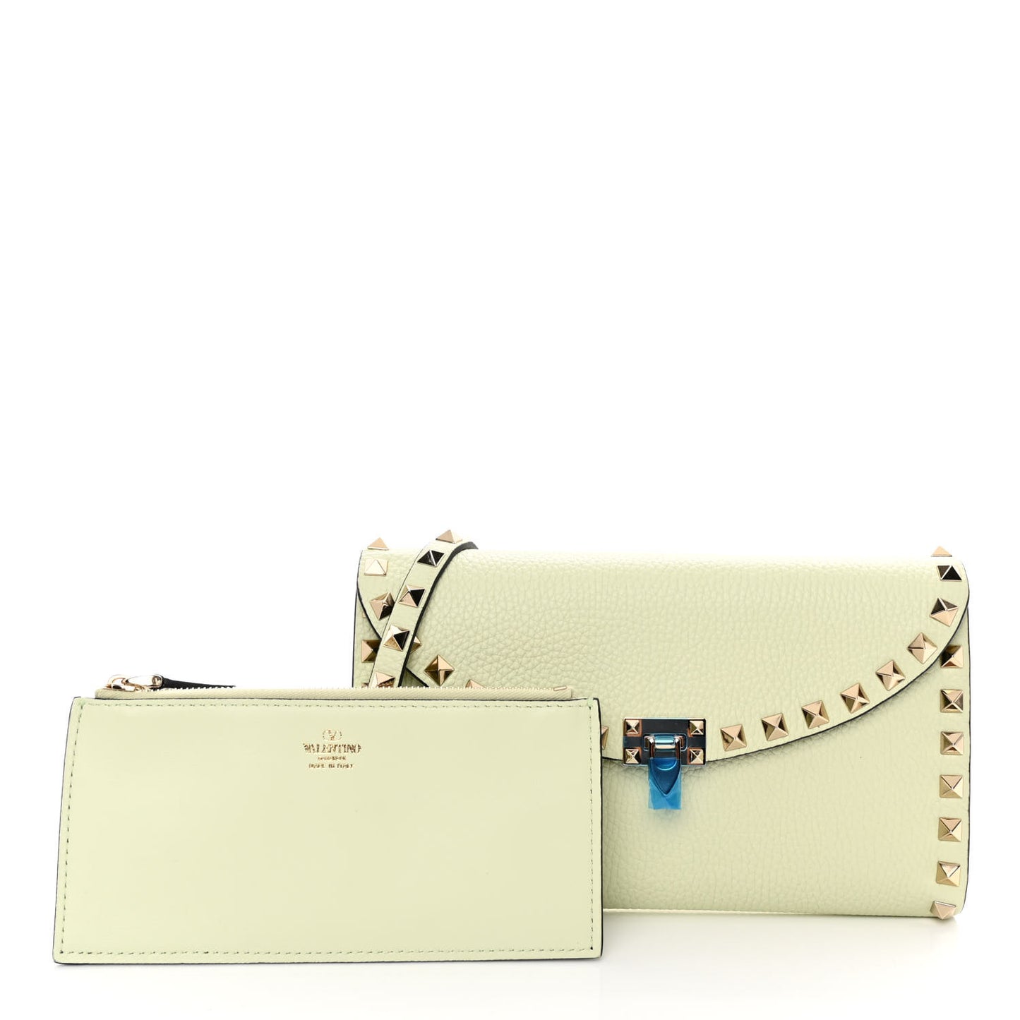 Grainy Calfskin Rockstud Flip Lock Wallet With Chain Meadow Mist