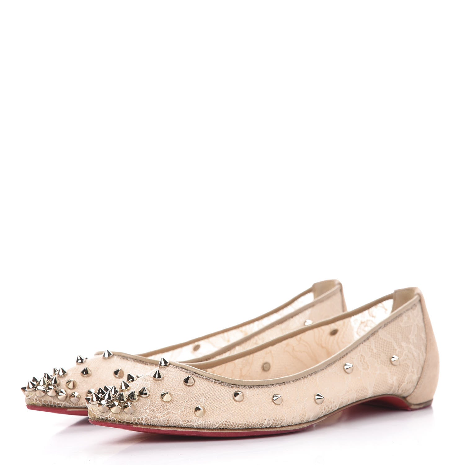 Christian Louboutin Rete Lace Chantilly 554 Spikes Flats 35.5 Nude 3 of 12
