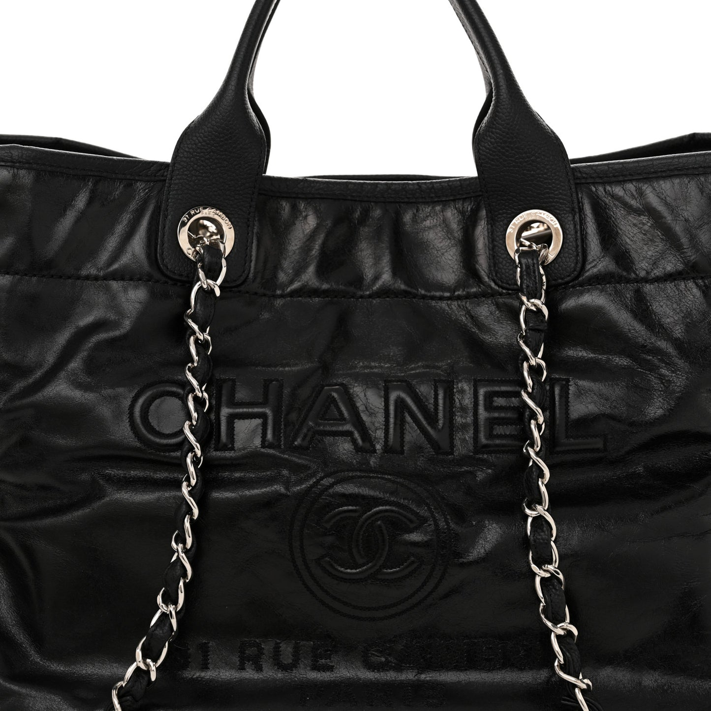 Glazed Calfskin Medium Deauville Tote Black