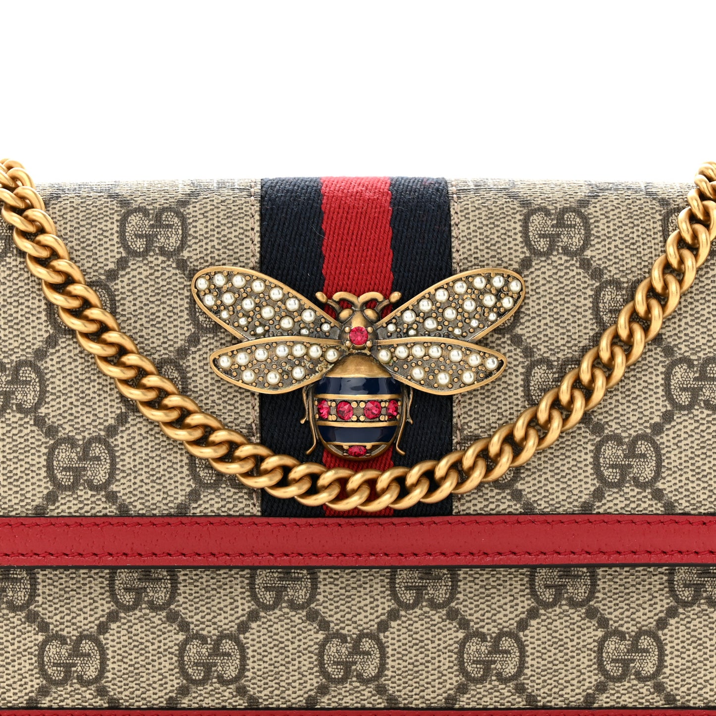 GG Supreme Monogram Web Queen Margaret Chain Wallet Red