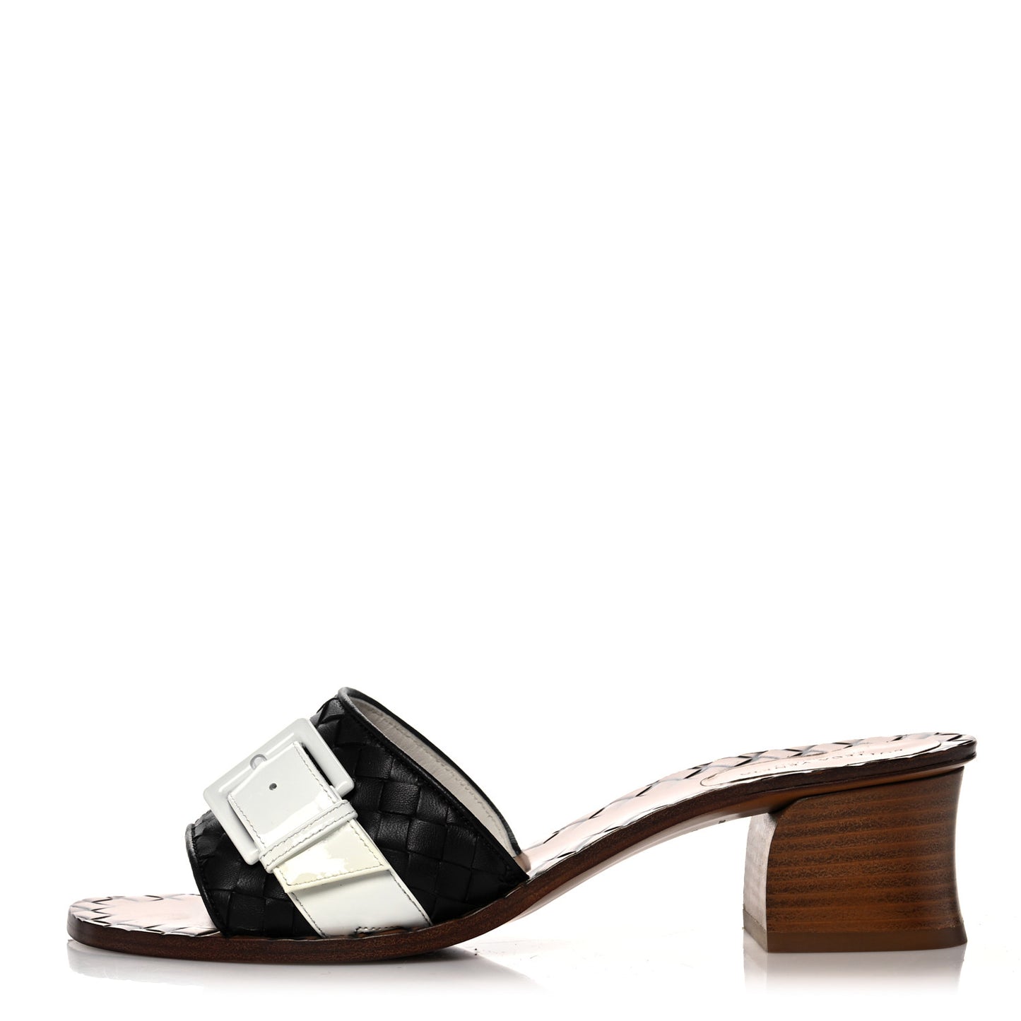 Nappa Intrecciato Patent Ravello Buckle Mule Sandals 38.5 Black White