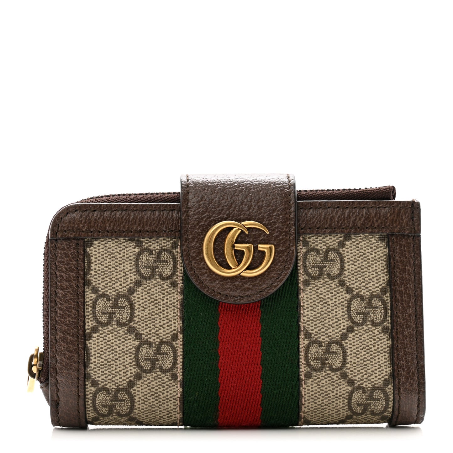 GG Supreme Monogram Textured Dollar Calfskin Web Ophidia Overlay Zip Around Card Case Wallet Beige Ebony New Acero