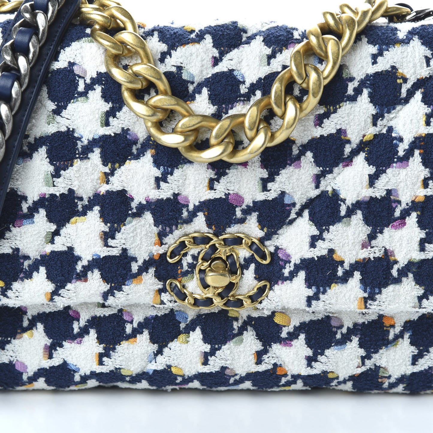 Tweed Quilted Large 19 Flap Ecru Navy Blue Multicolor