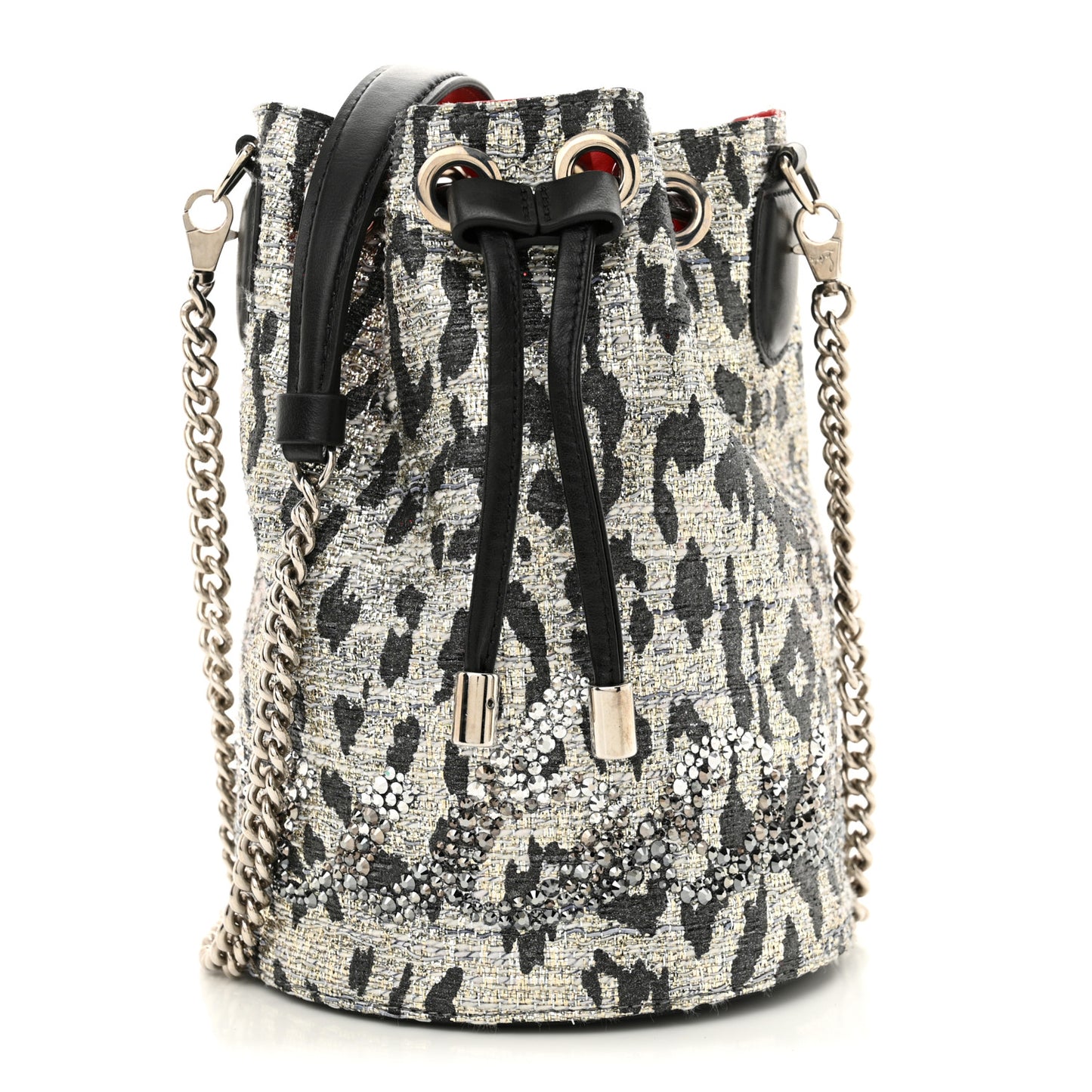 Tweed Crystal Leopard Print Marie Jane Bucket Silver