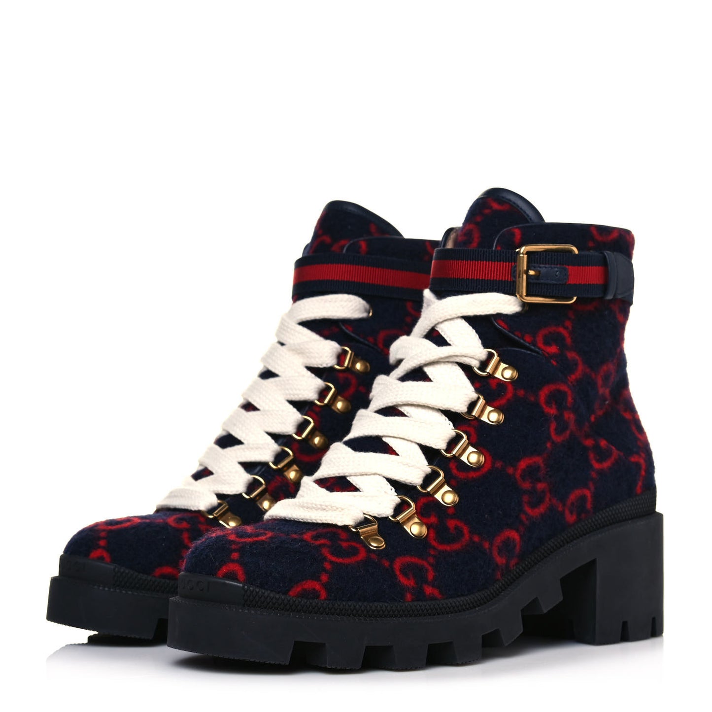 Covered Wool Big GG Monogram Womens Lace Up Combat Ankle Boots 38.5 Blue Red