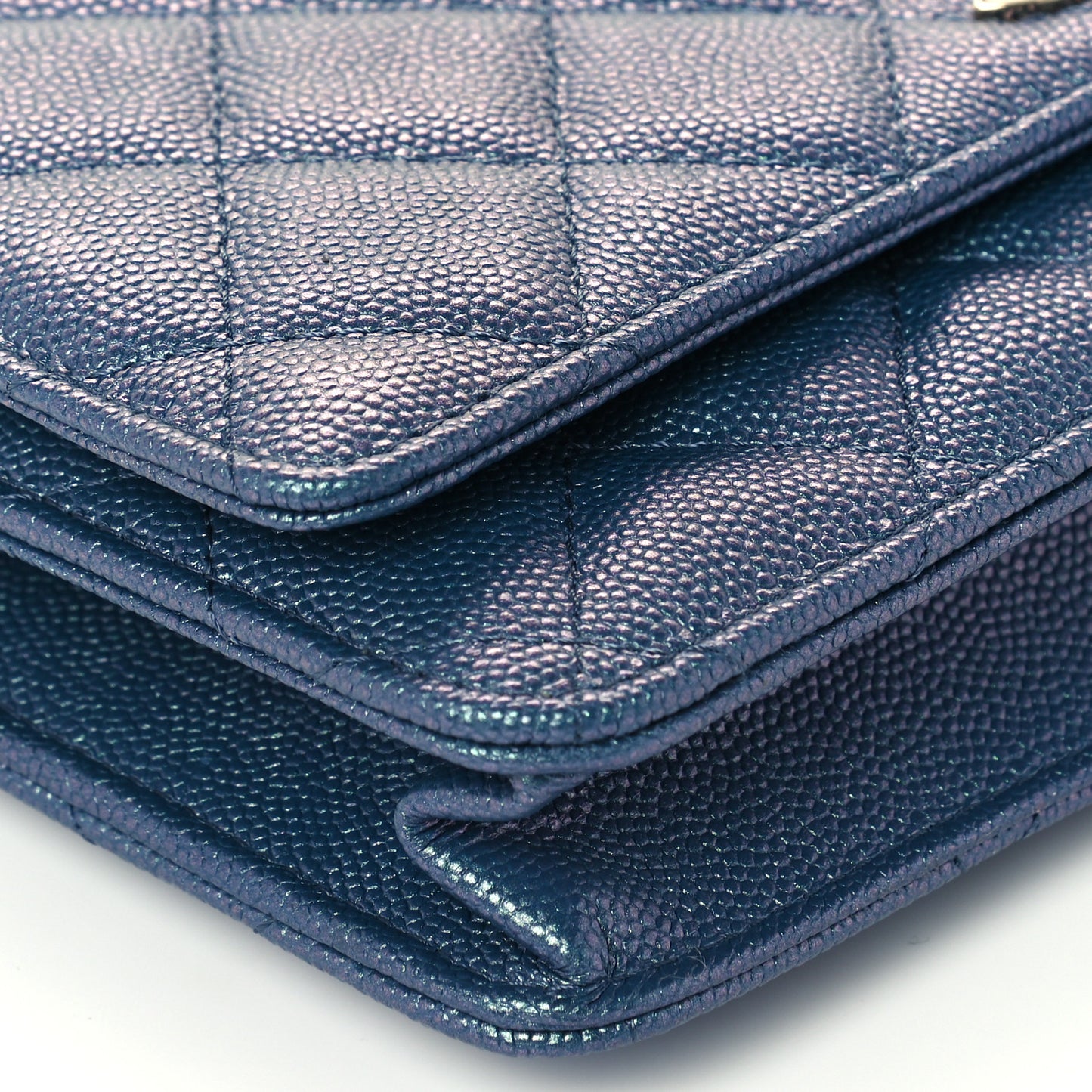 Iridescent Caviar Quilted Wallet On Chain WOC Dark Blue