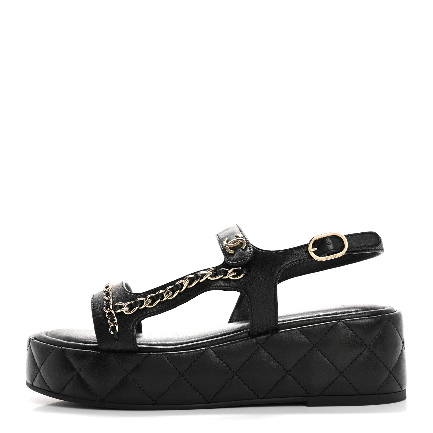 Chanel Lambskin Quilted Chain CC Platform Sandals 37.5 Black