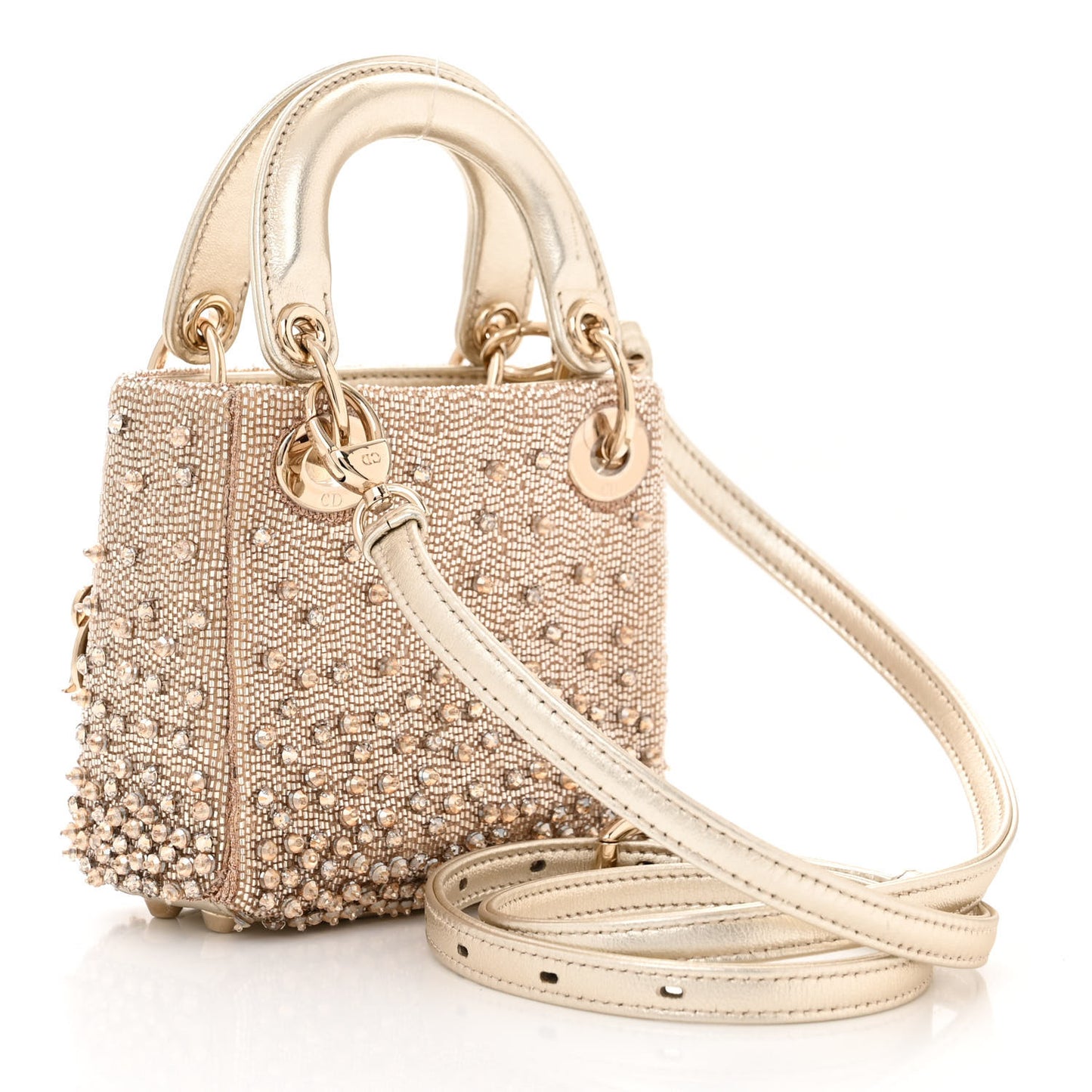 Metallic Lambskin Crystal Beaded Embroidered Micro Lady Dior Gold