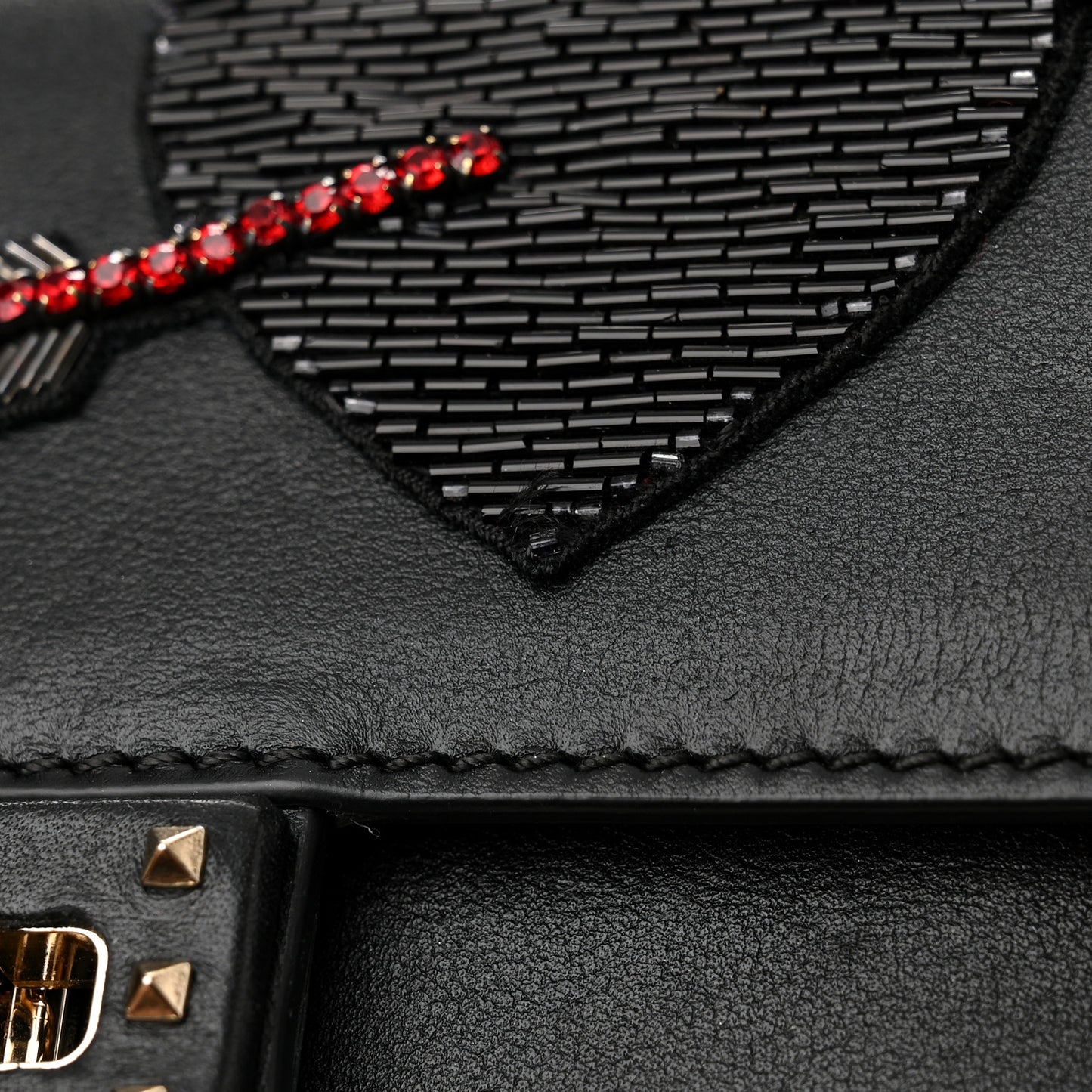 Calfskin Crystal Bead Embellished Mini Rockstud Love Story Ruffle Strap Bag Black