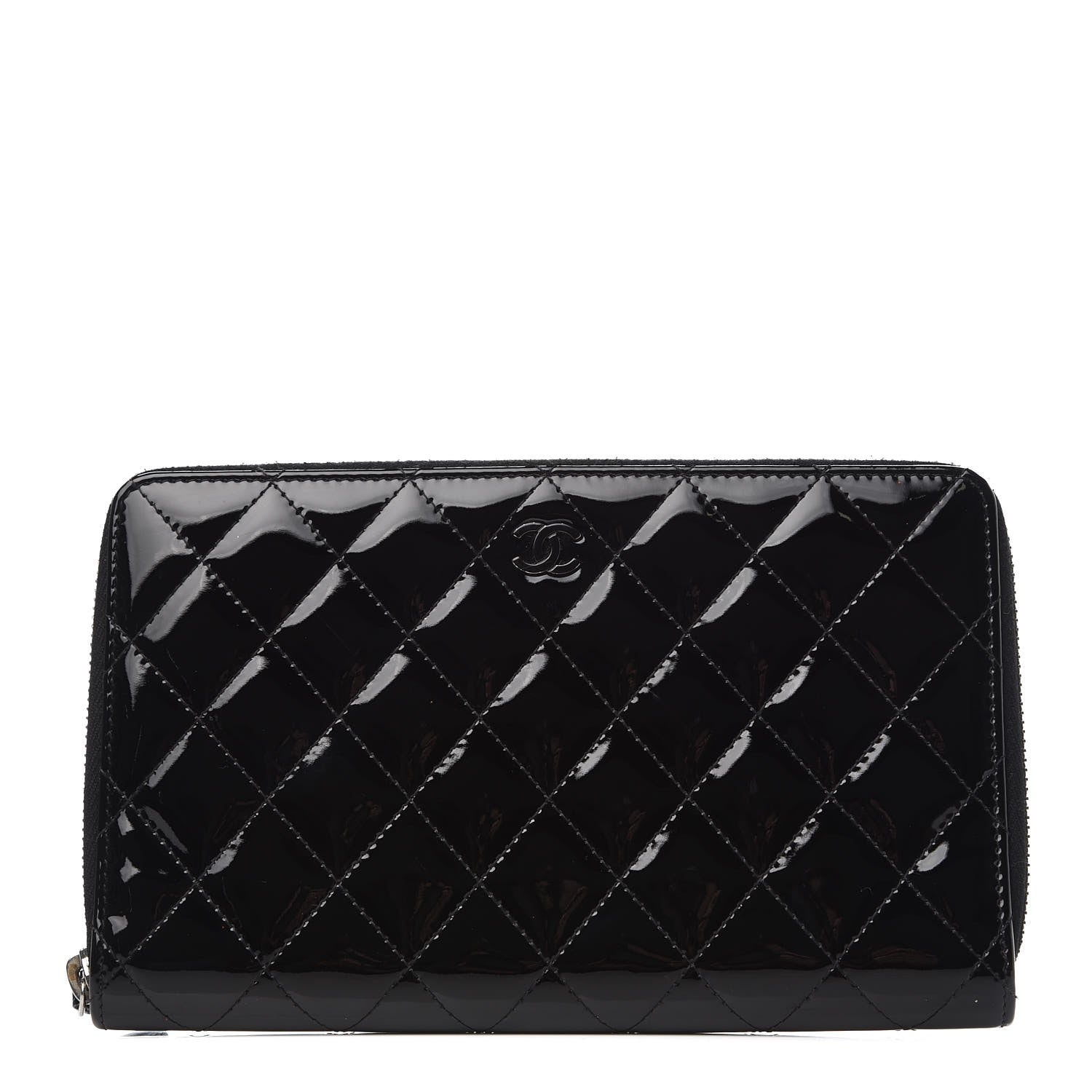 Chanel Patent Quilted Large Zip Around Organizer Wallet So Black