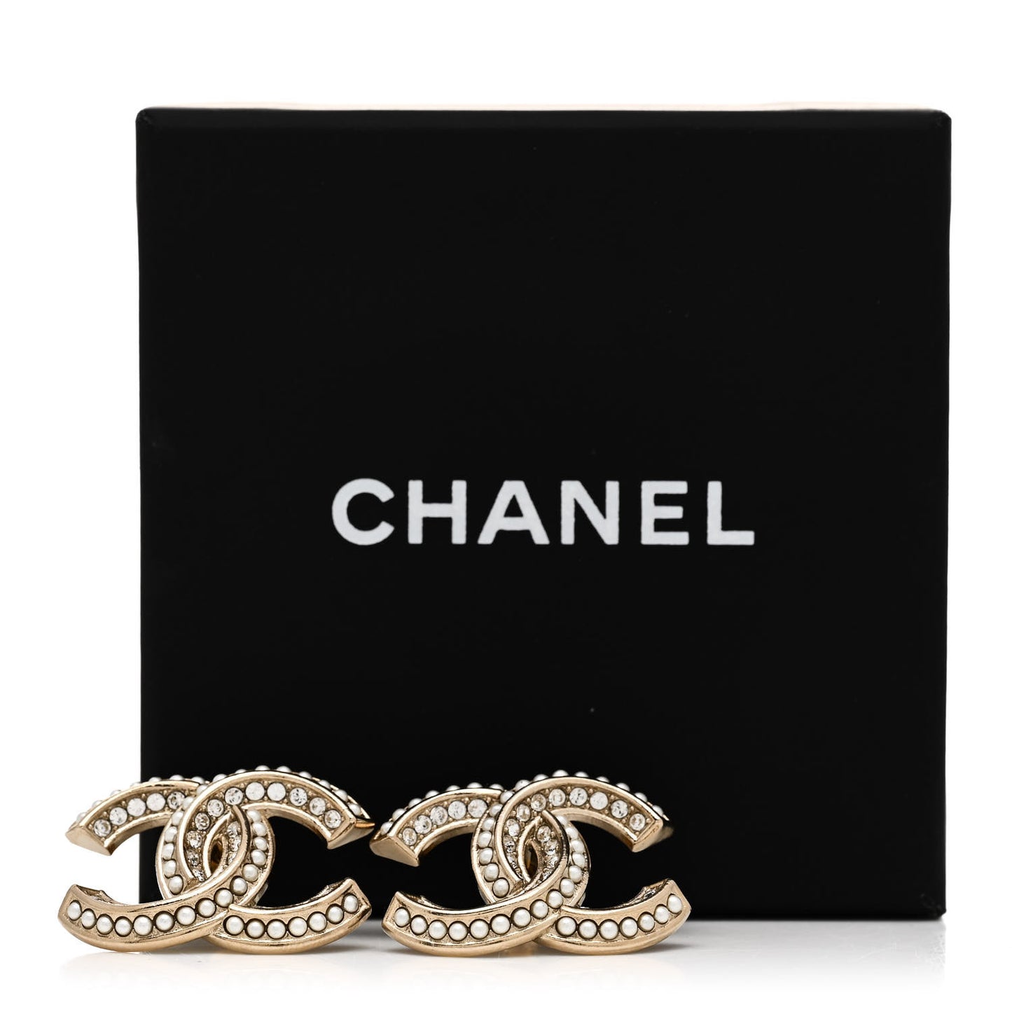 Crystal Pearl Chain Mania CC Earrings Gold