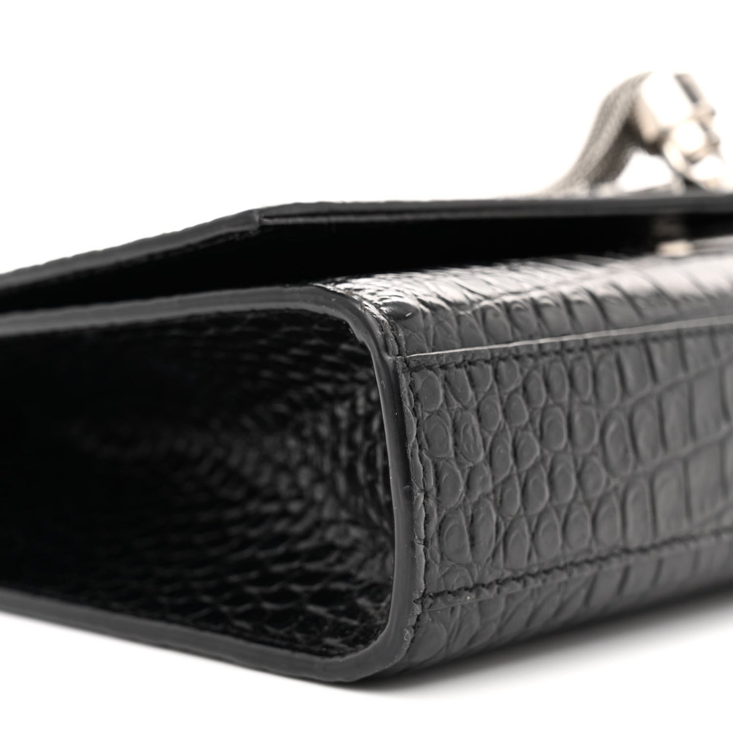 Calfskin Crocodile Embossed Medium Classic Monogram Kate Tassel Satchel Black